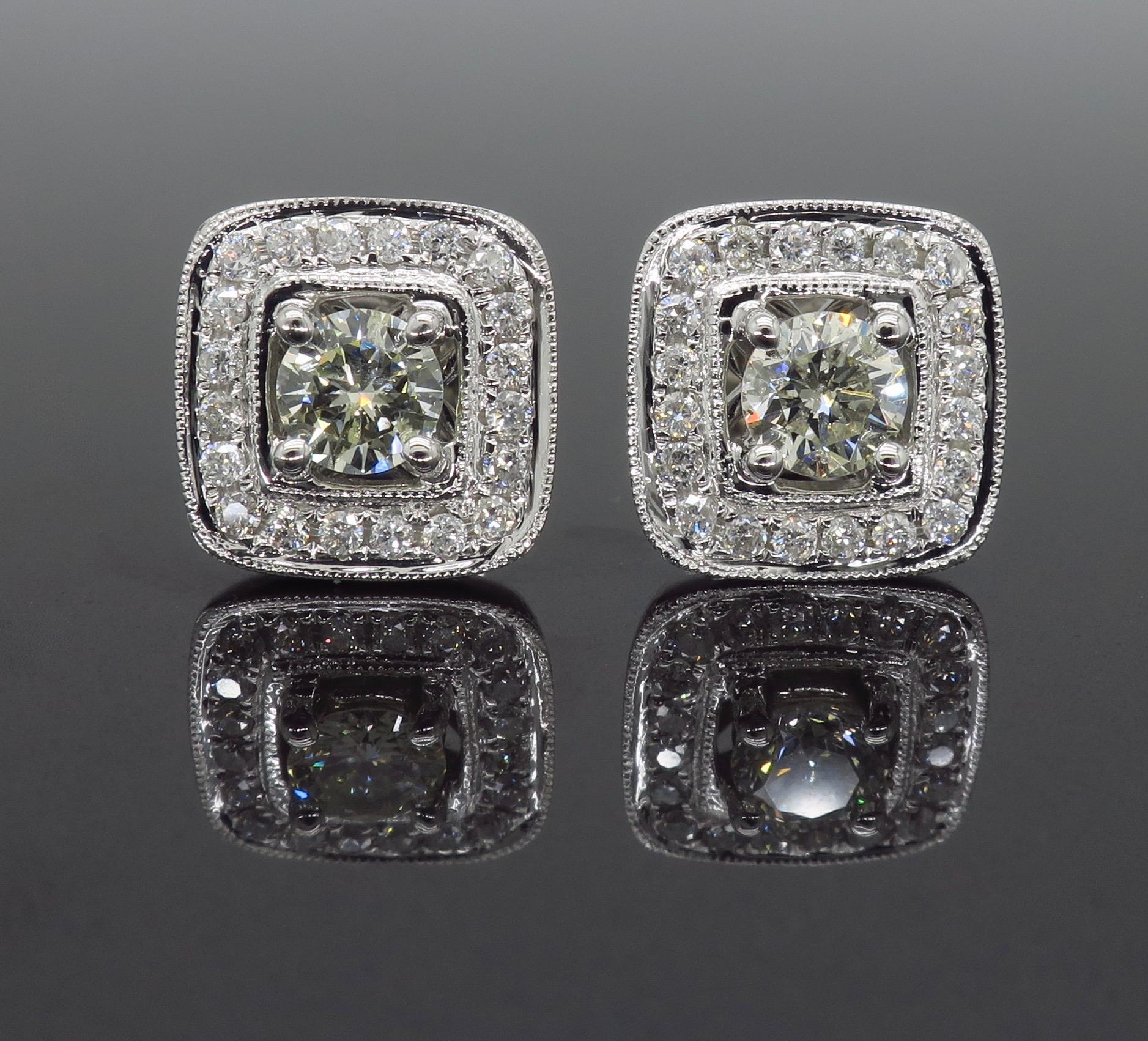 Square Halo Diamond Stud Earrings In New Condition In Webster, NY