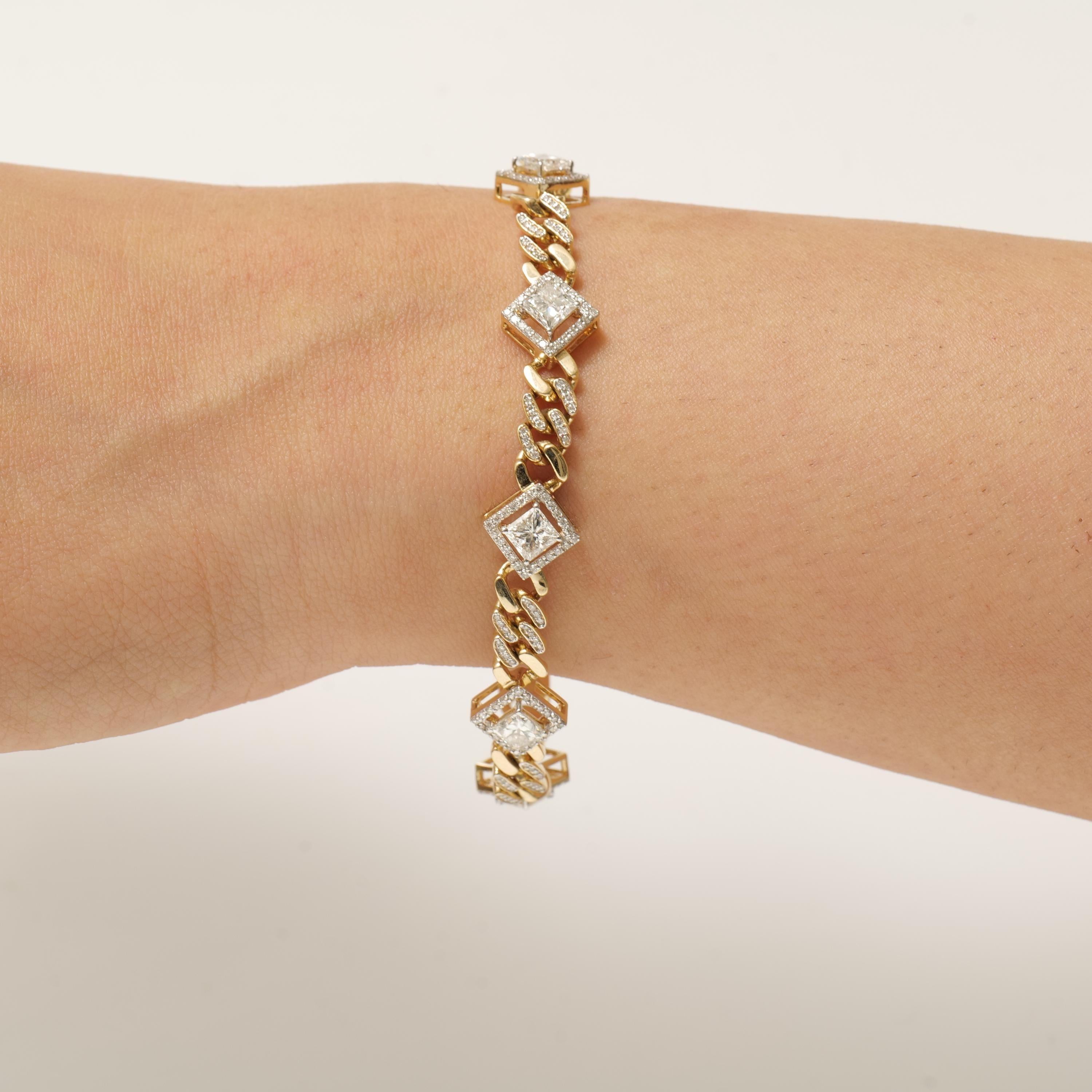 Art Déco Bracciale tennis con diamanti quadrati a raggiera in oro massiccio 14K (certificato) in vendita