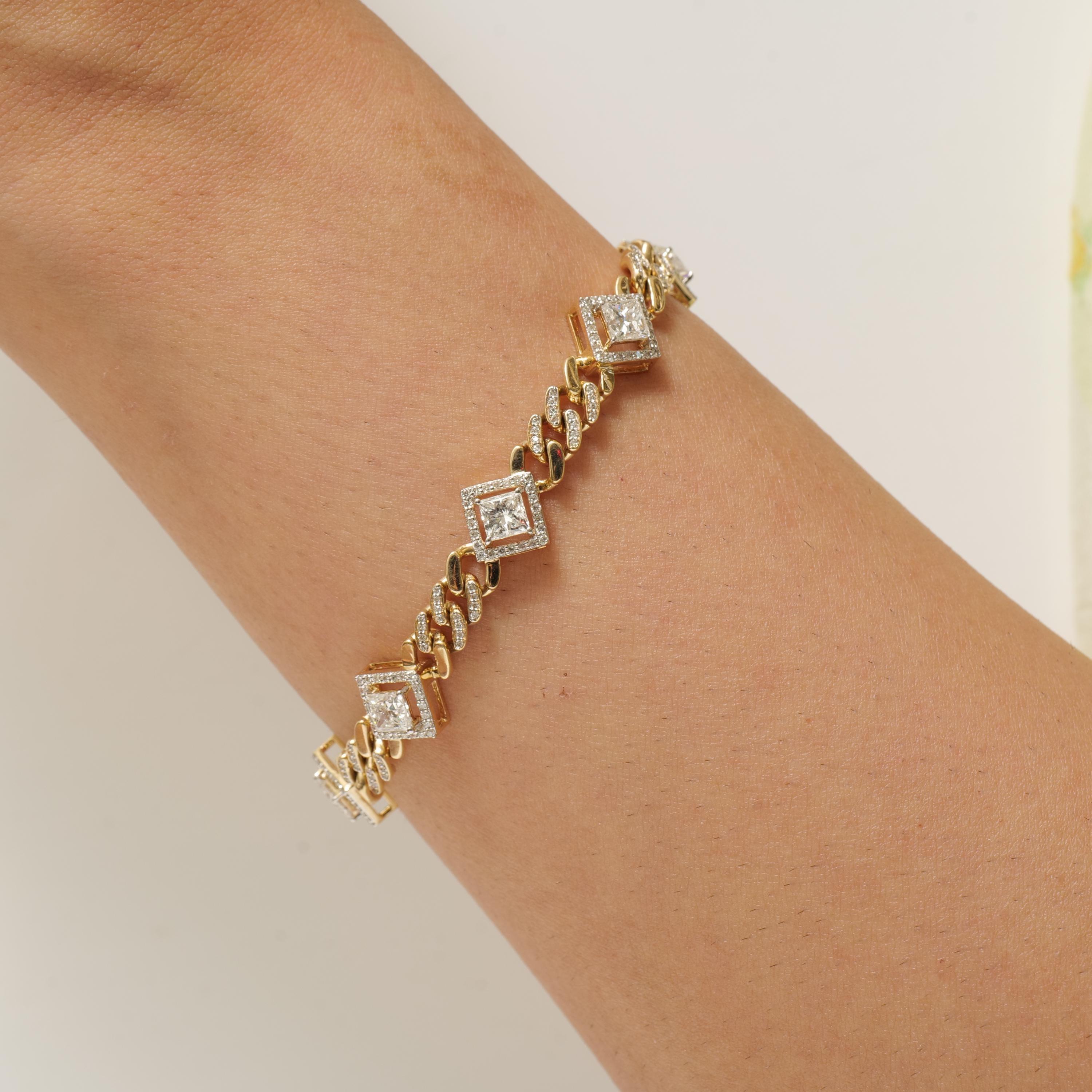 Taglio princess Bracciale tennis con diamanti quadrati a raggiera in oro massiccio 14K (certificato) in vendita