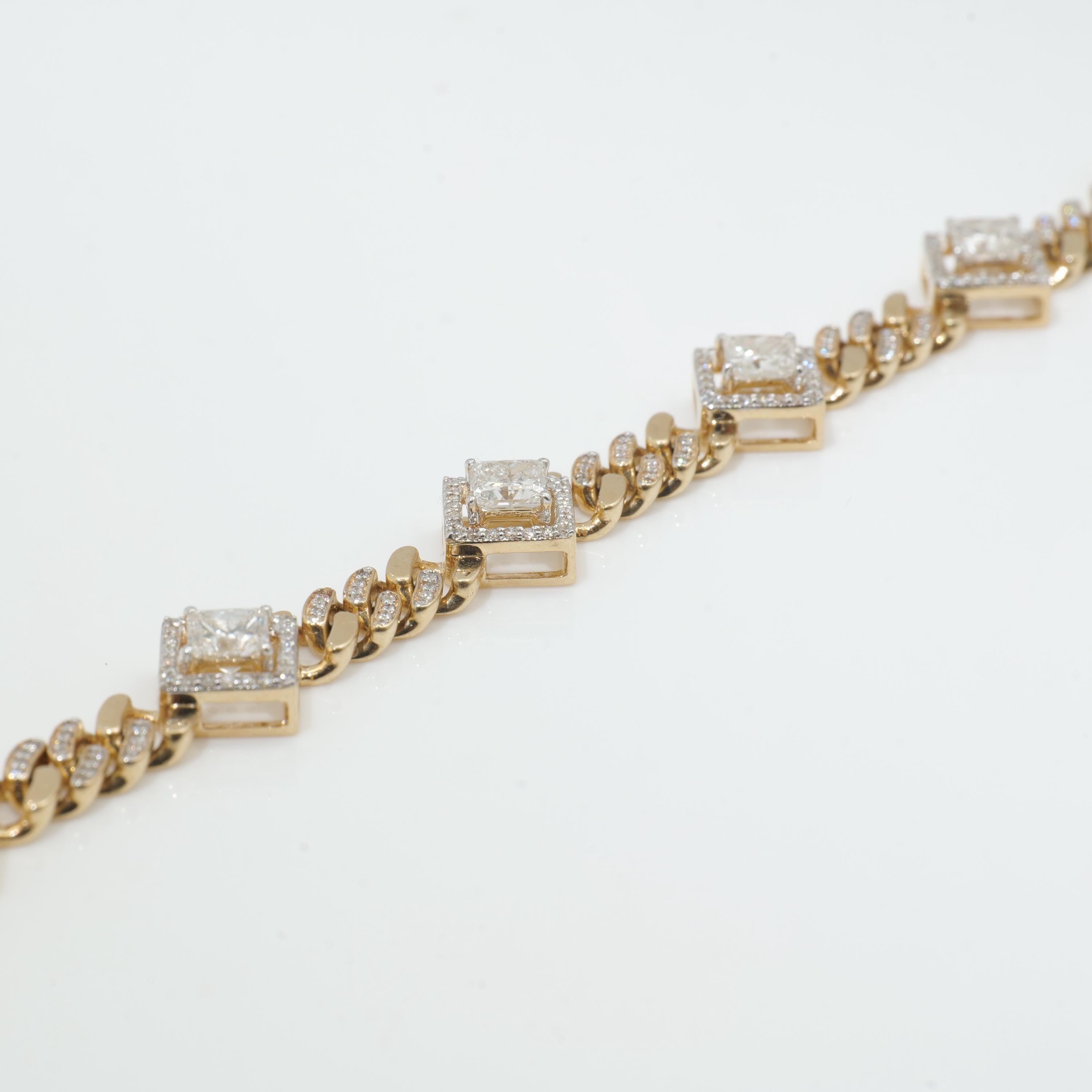 Donna Bracciale tennis con diamanti quadrati a raggiera in oro massiccio 14K (certificato) in vendita