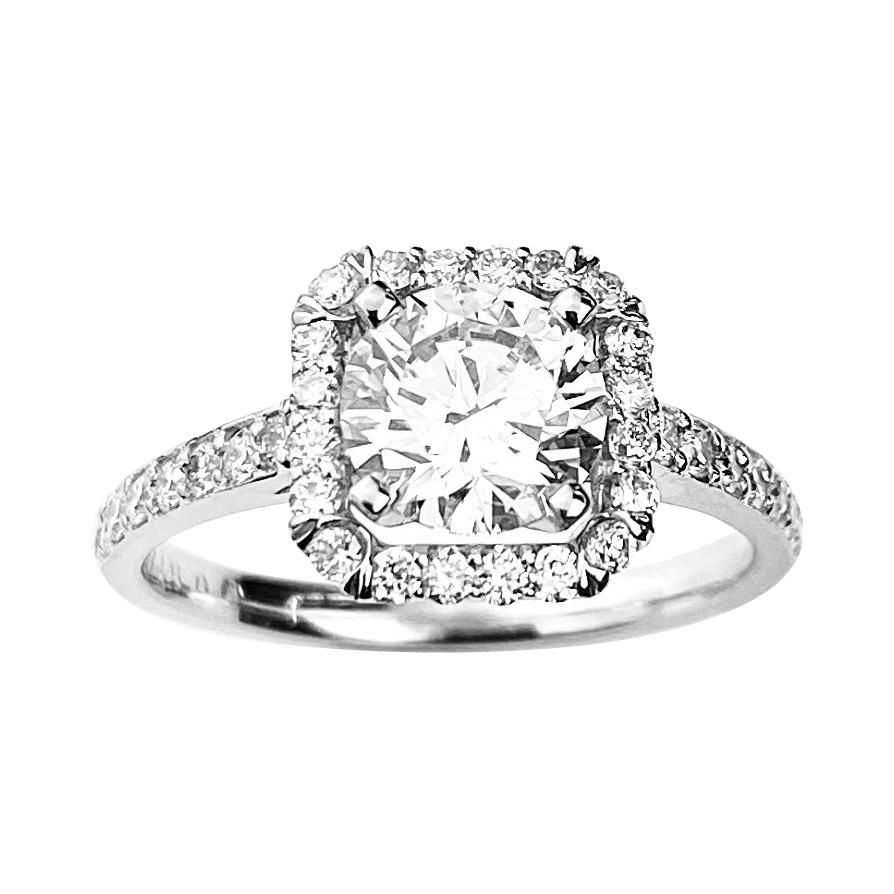 Square Halo Engagement Ring with Round Cut Center Diamond in White Gold For Sale