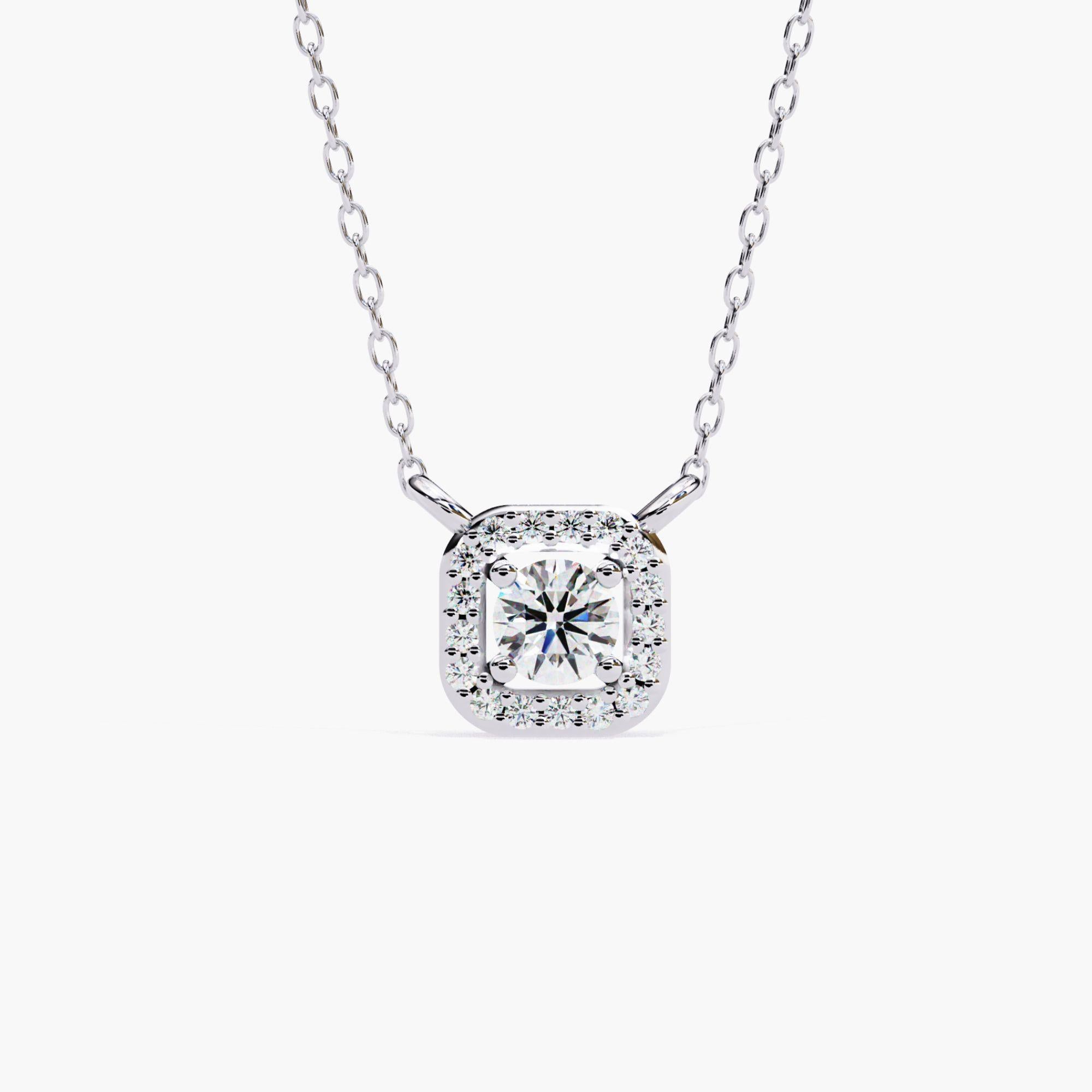 Round Cut Square Halo Natural Diamond Pendant Gold Necklace, 14k Solid Gold, SI GH For Sale