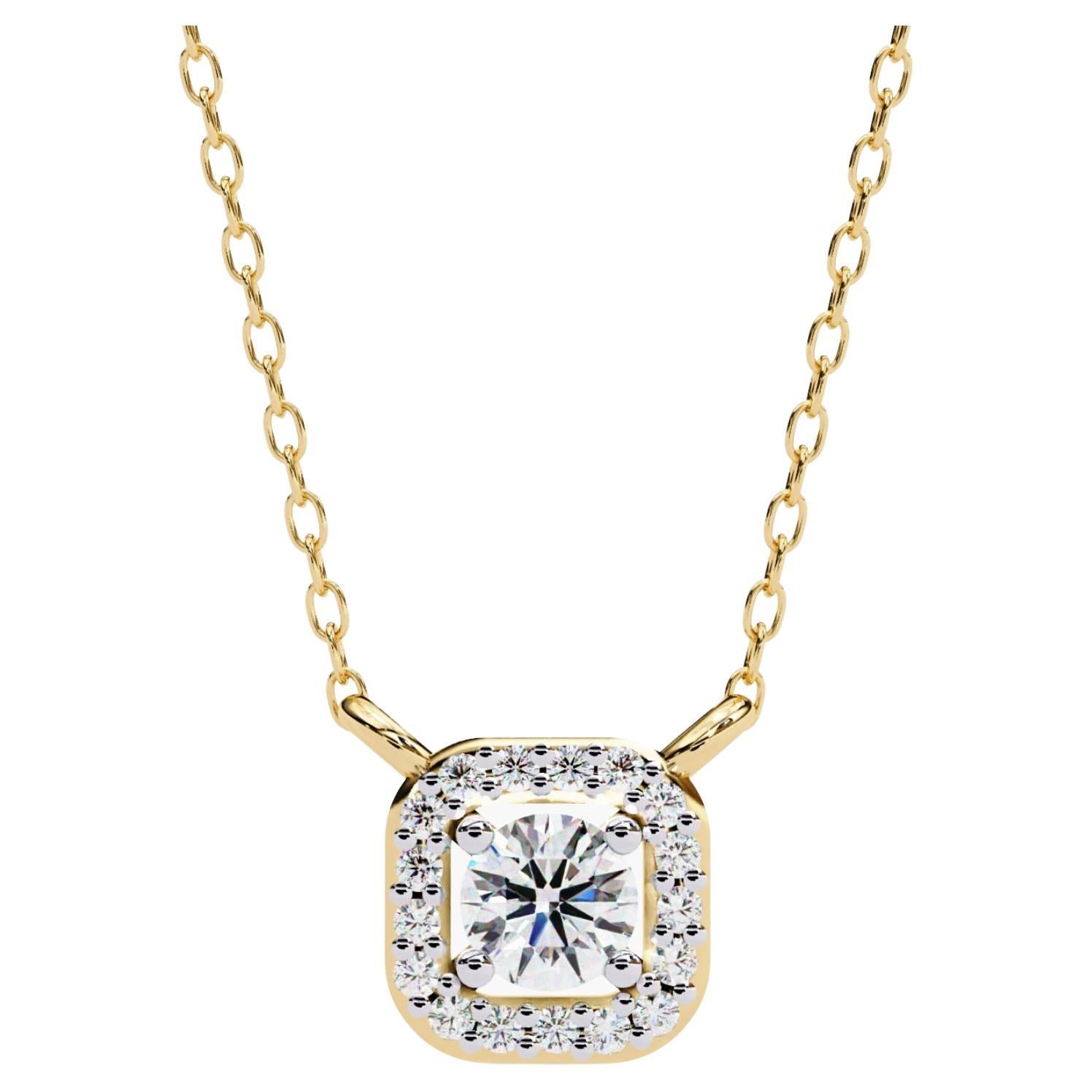 Square Halo Natural Diamond Pendant Gold Necklace, 14k Solid Gold, SI GH