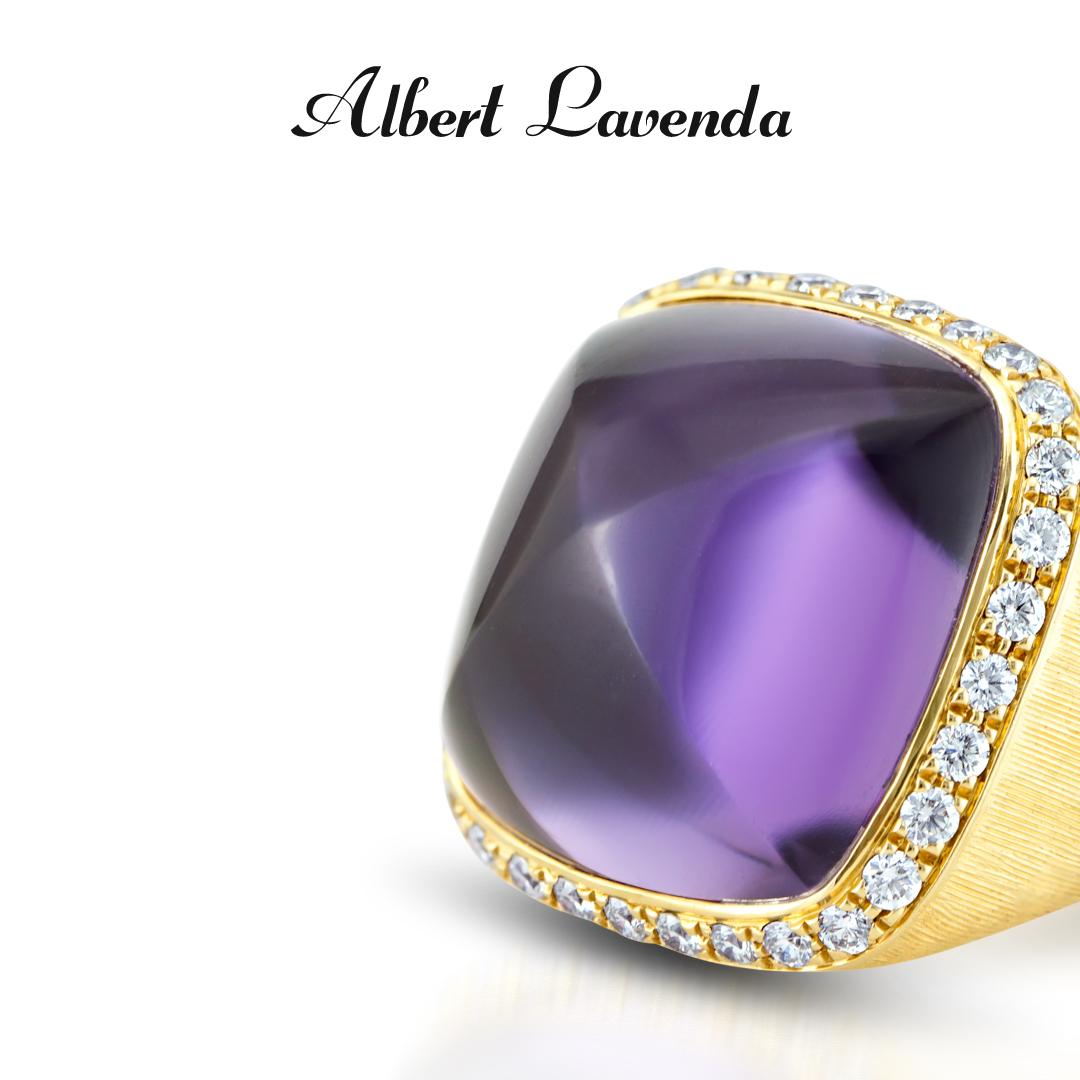 Women's Designer Square Hand Curved Cabochon Big Amethyst & Diamonds in 18k Gold