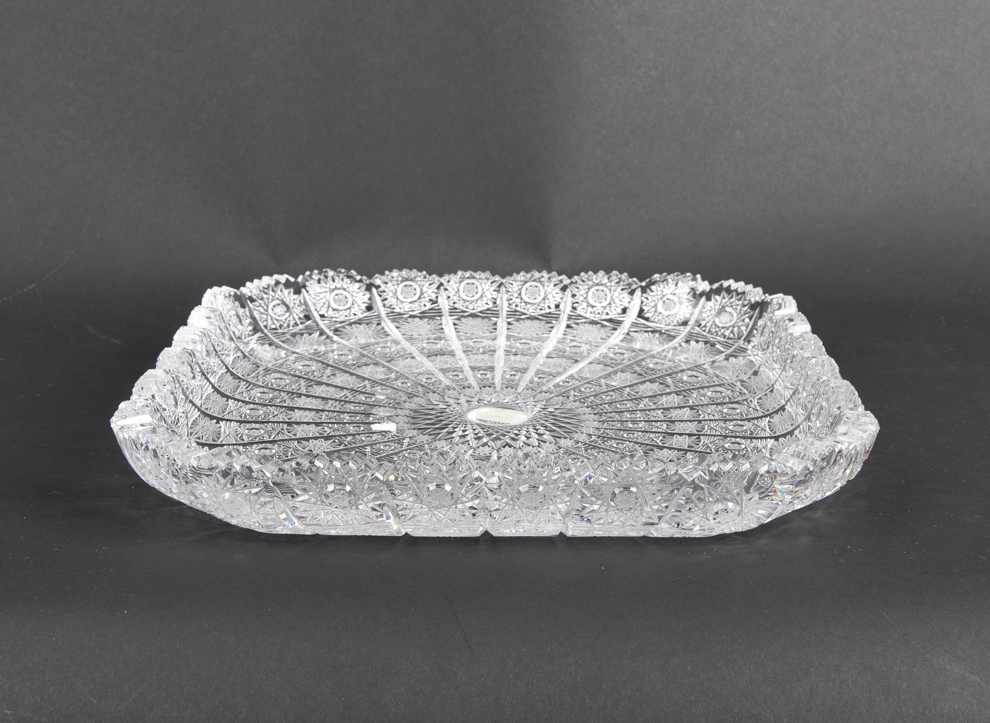 Czech Square Hand-Cut Bohemian Crystal Tray For Sale