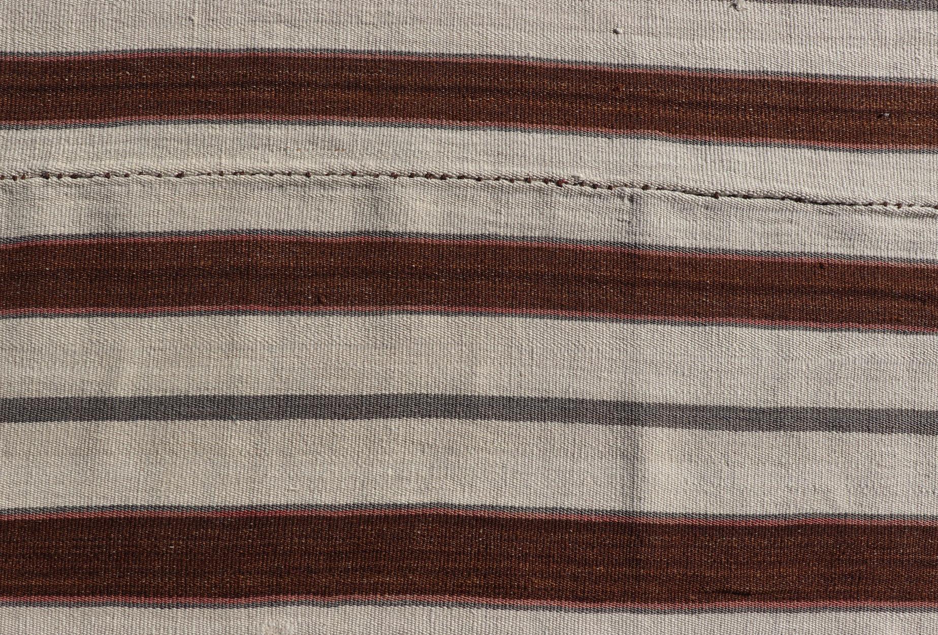 Hand-Woven Square Hand Woven Vintage Turkish Kilim Rug with Stripes in White & Brown For Sale