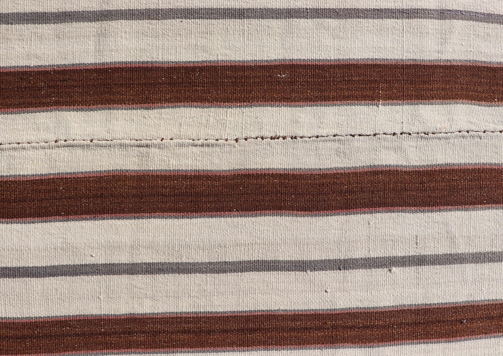 Square Hand Woven Vintage Turkish Kilim Rug with Stripes in White & Brown In Good Condition For Sale In Atlanta, GA