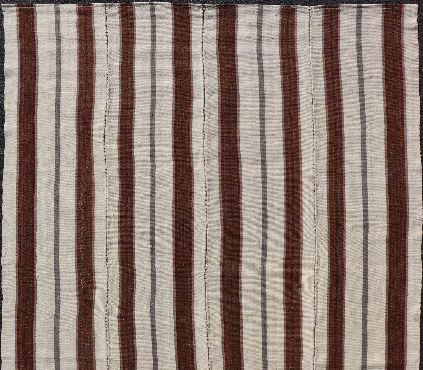 20th Century Square Hand Woven Vintage Turkish Kilim Rug with Stripes in White & Brown For Sale