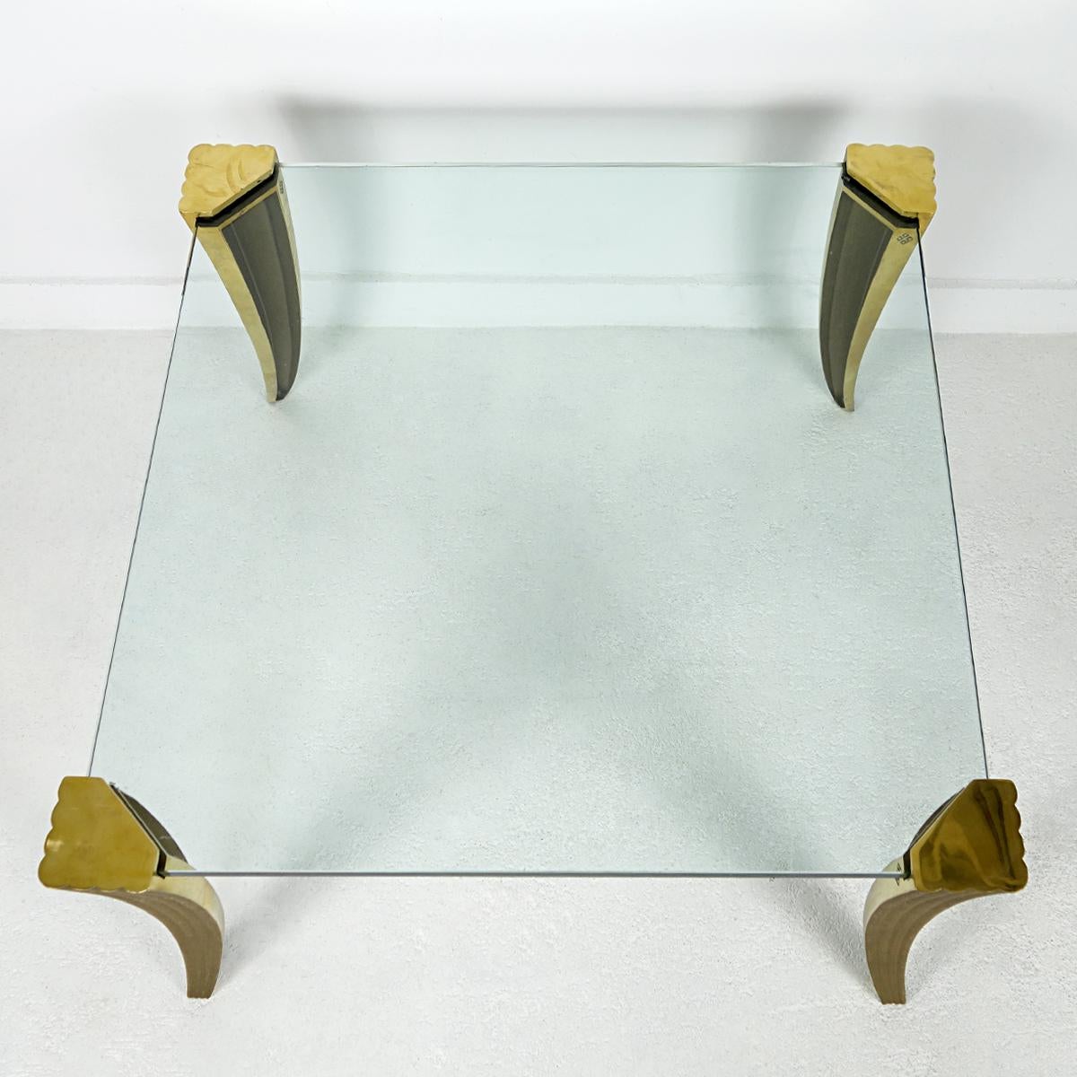 Dutch Square Hollywood Regency Coffee Table Made of Glass and Brass by Ghyczy For Sale