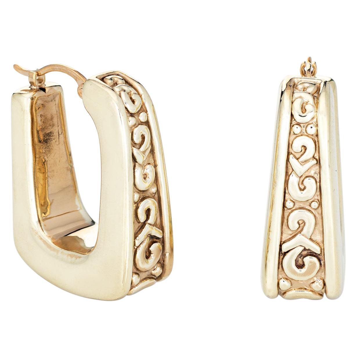 Square Hoop Earrings Vintage 14k Yellow Gold Scrolled Design Drops