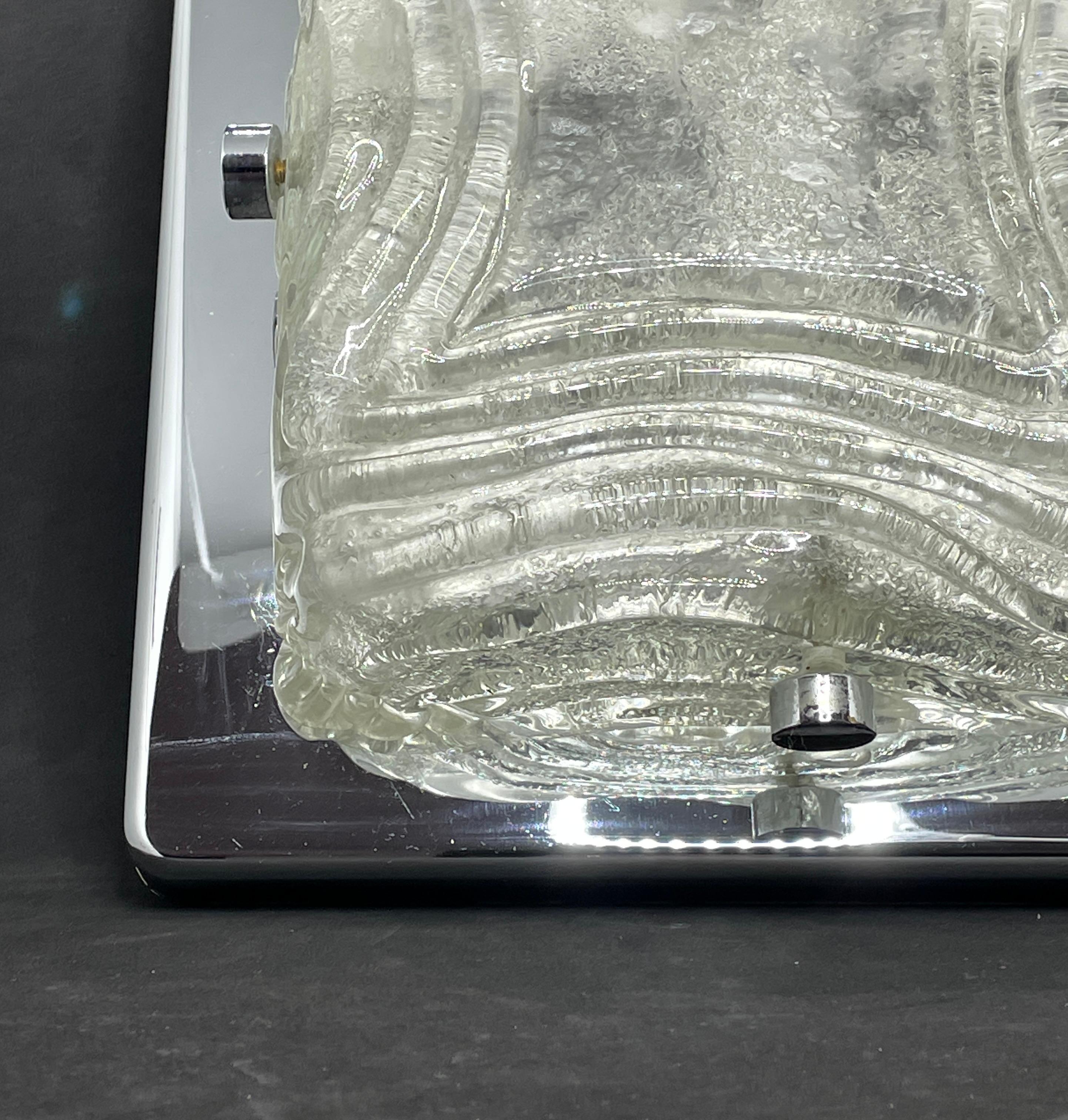Mid-Century Modern Square Ice Glass and Chrome Flush Mount, Germany, 1970s For Sale