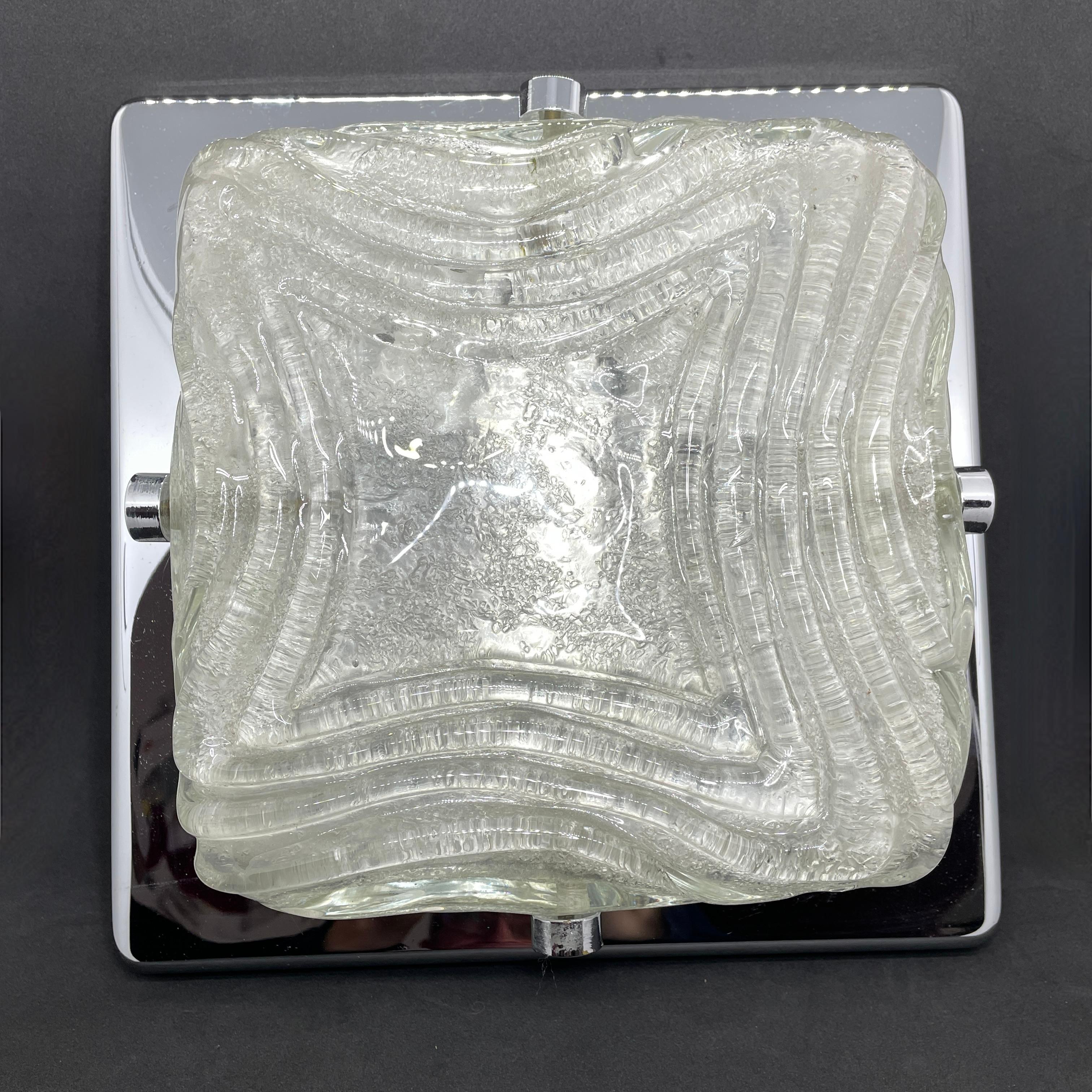 Late 20th Century Square Ice Glass and Chrome Flush Mount, Germany, 1970s For Sale