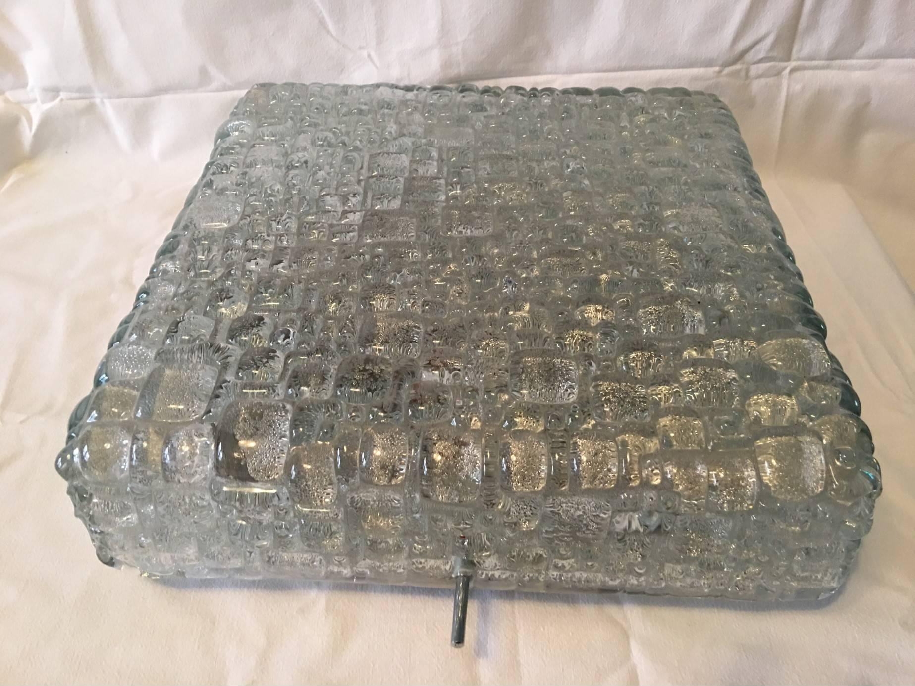 Square Ice Glass Flush Mount Lamp, Hoffmeister Leuchten, Germany In Fair Condition For Sale In Frisco, TX