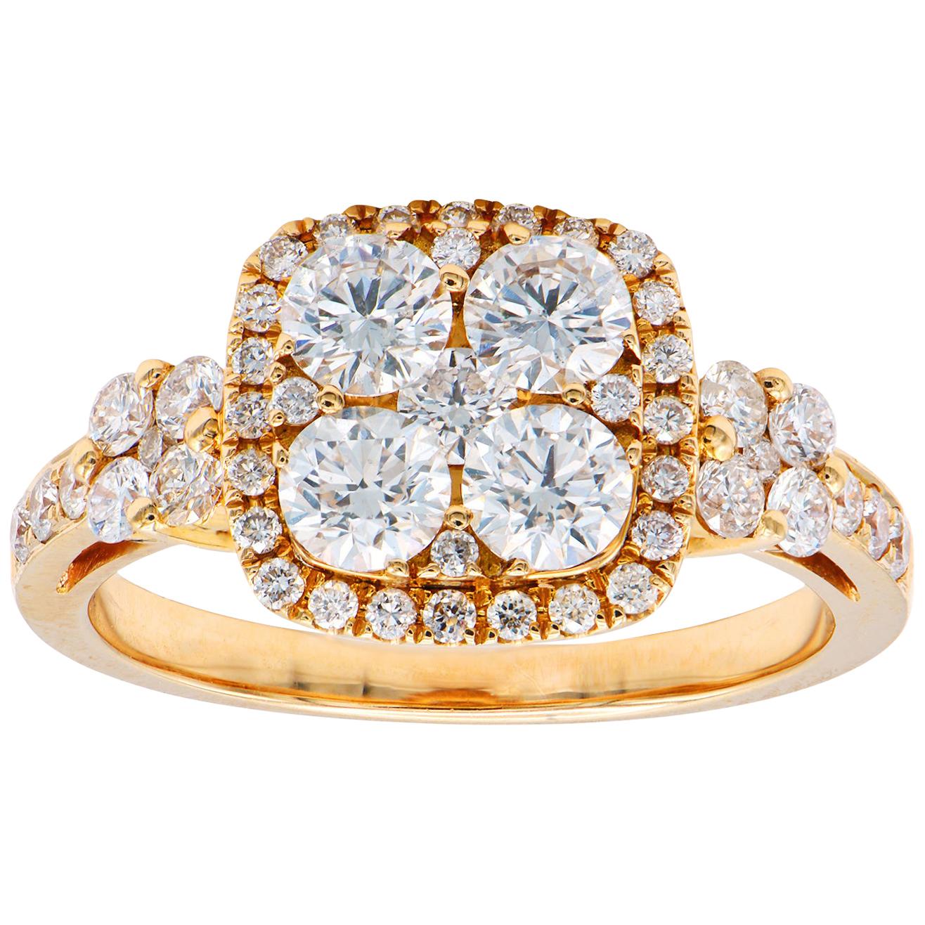 Bague carrée illusion en or rose avec halo de diamants et anneau en diamants