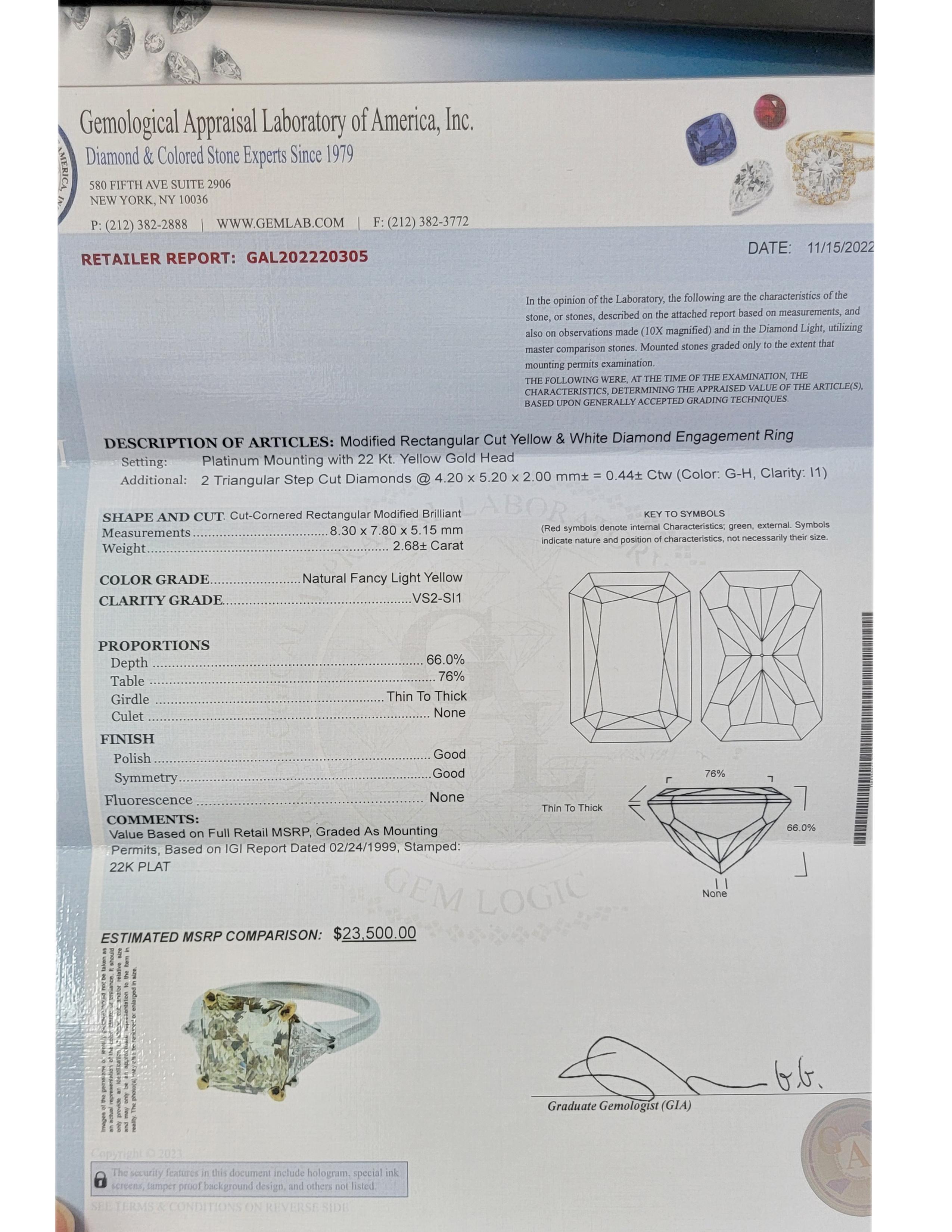 Women's Square-ish 2.68 CT Natural Diamond Large Fancy Light Yellow Platinum & 22 karat For Sale