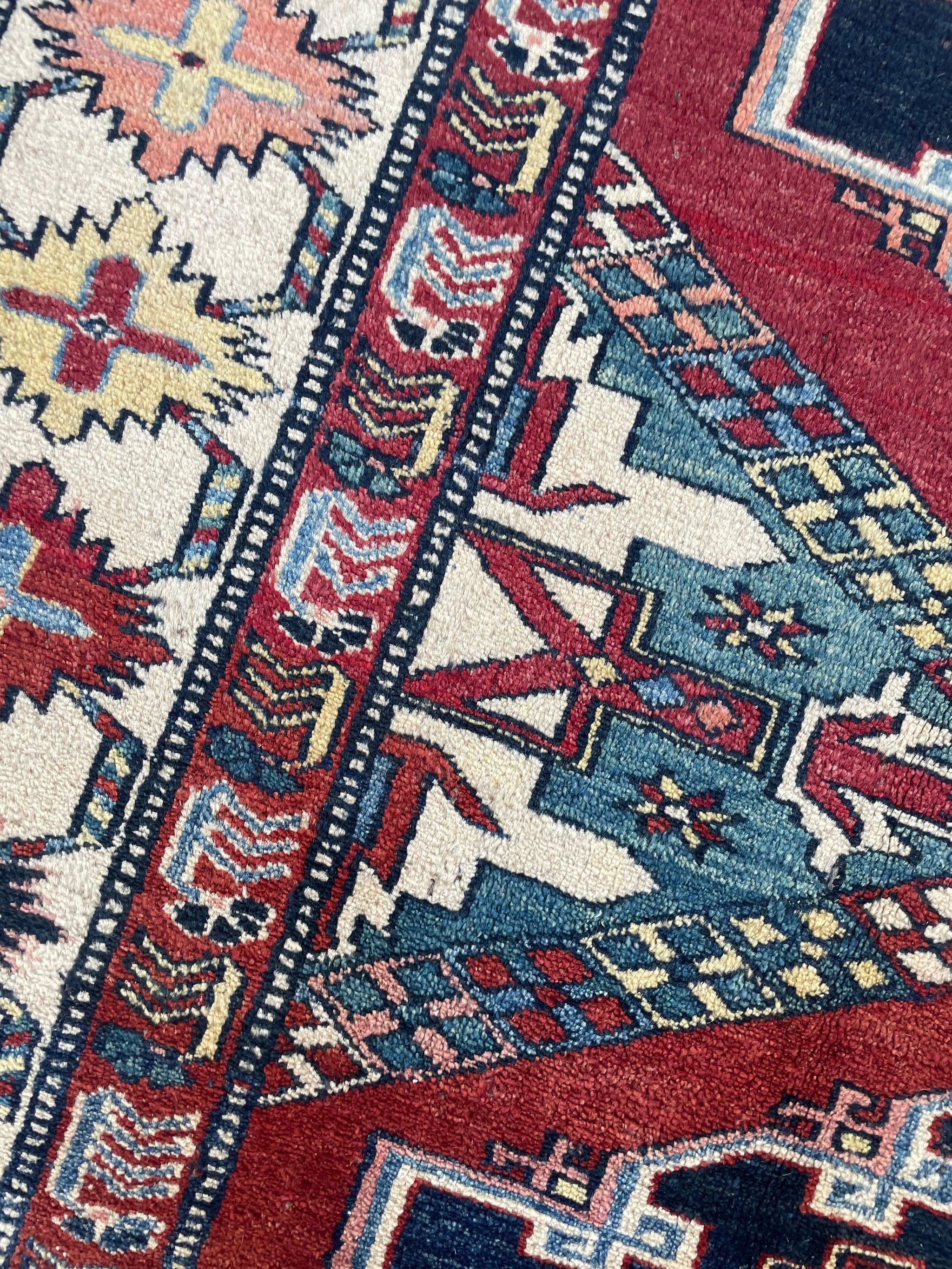 Hand-Knotted Square-ish Vintage Tribal Kazak Medallions Rug, c. 1960-70's For Sale