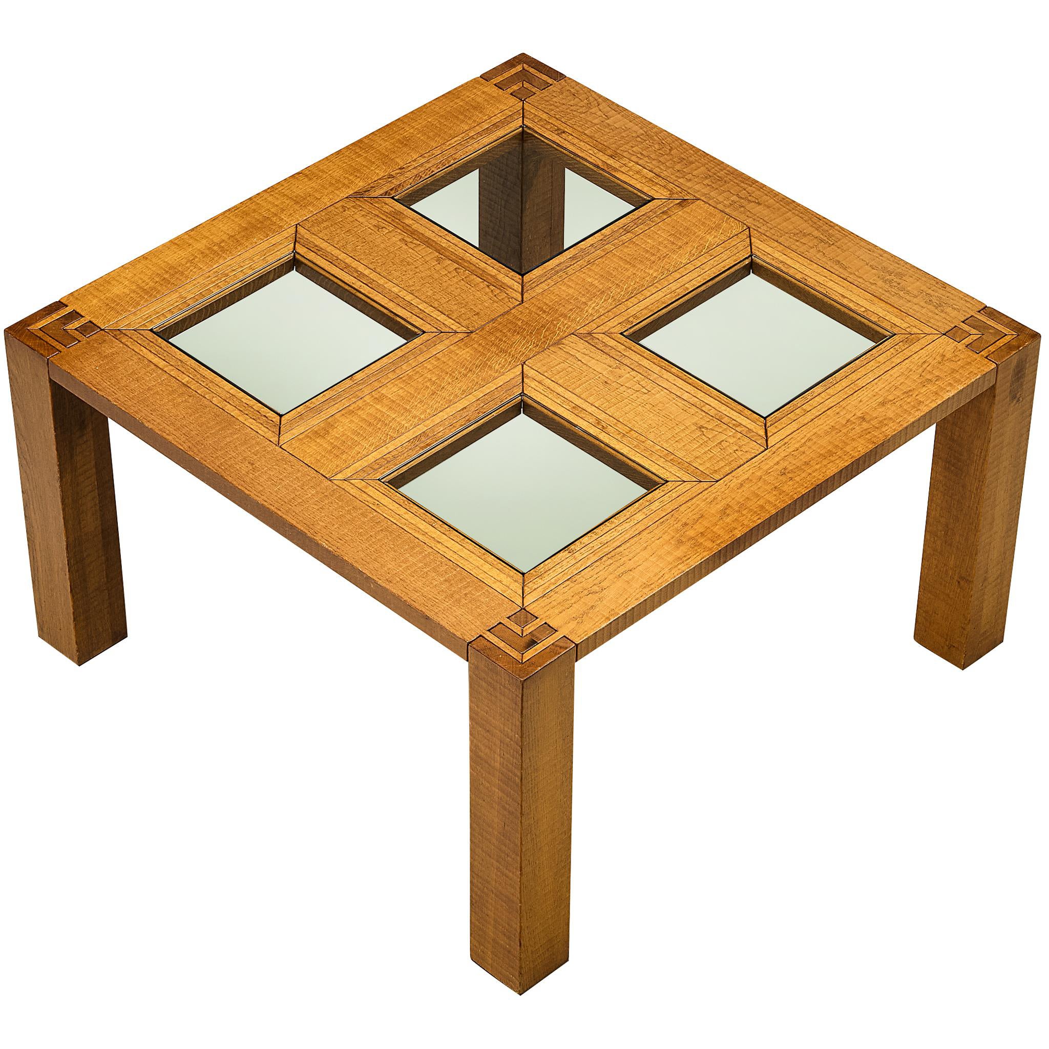 Table de salle à manger italienne carrée en Oak Oak et verre en vente