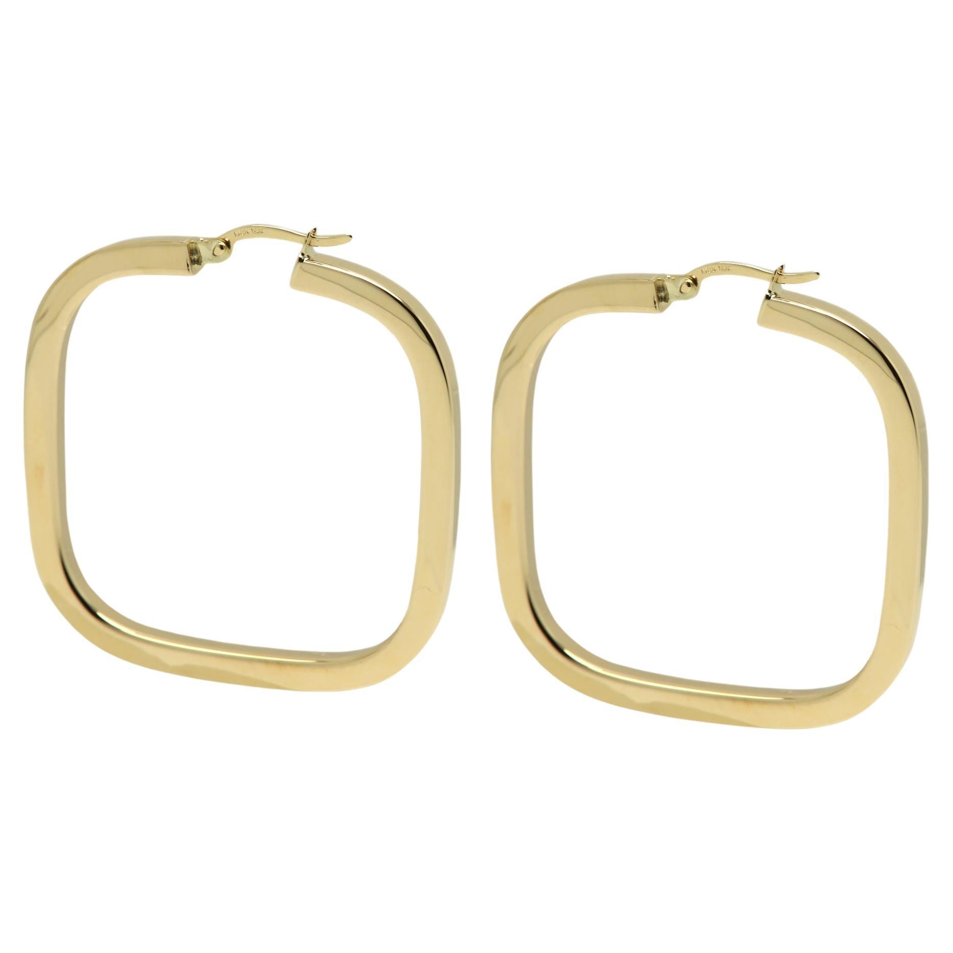 Square Italian Hoops 14 Karat Solid Gold Earrings Gold Hoops Artistic Earrings For Sale