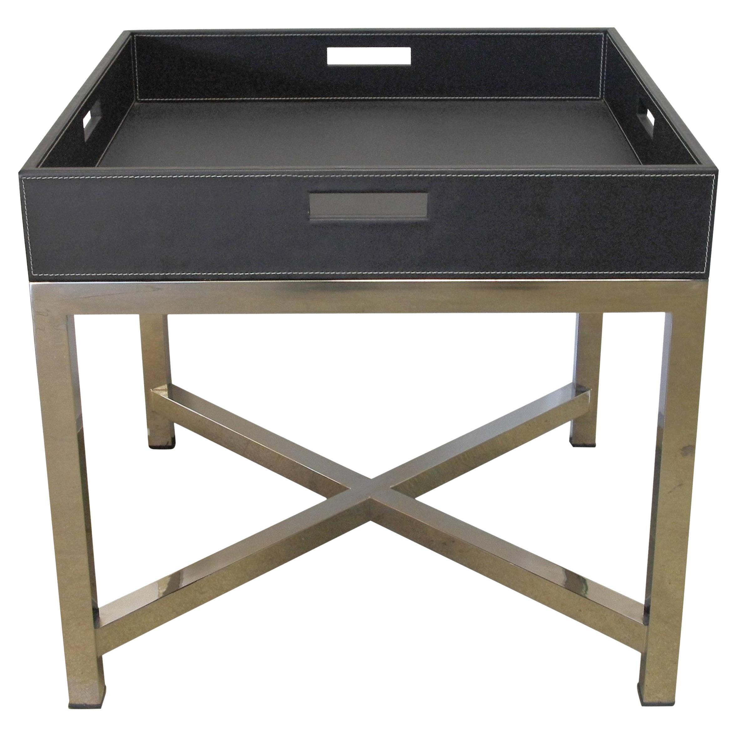 Quadratischer italienischer Leder- und Chrom-Tabletttisch