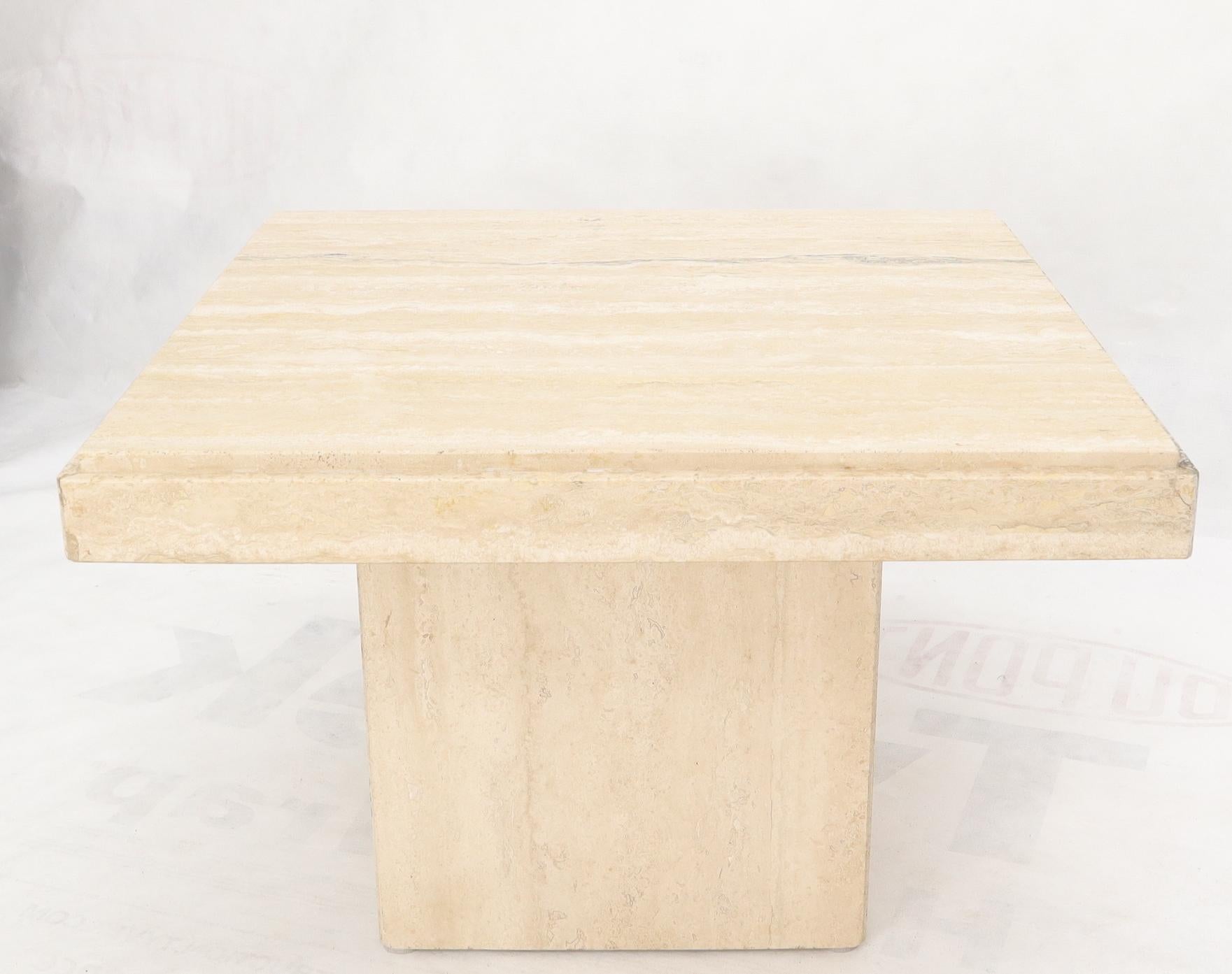 Mid-Century Modern single pedestal Italian travertine square side table.