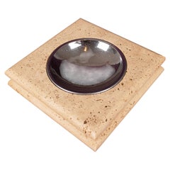 Square Italian Travertine Ashtray with Removable Metal Dish, 1970
