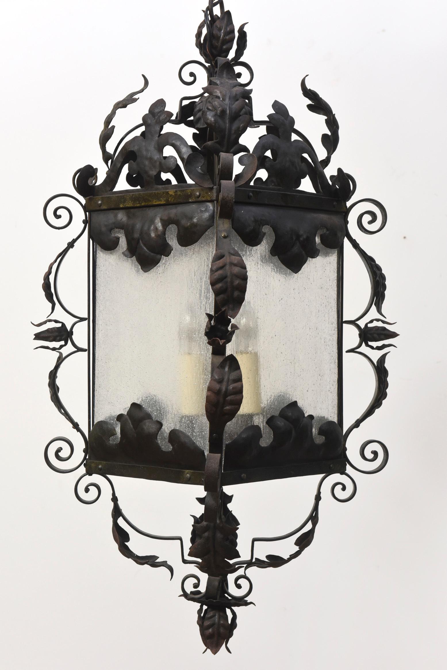Baroque Square Italian Wrought Iron and Glass Lantern