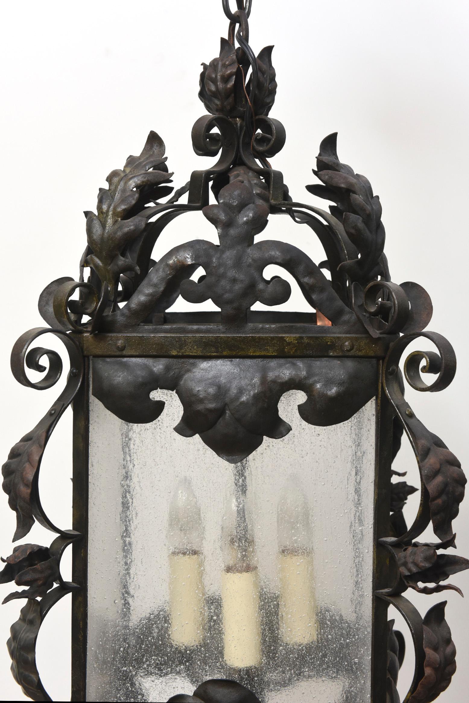 20th Century Square Italian Wrought Iron and Glass Lantern