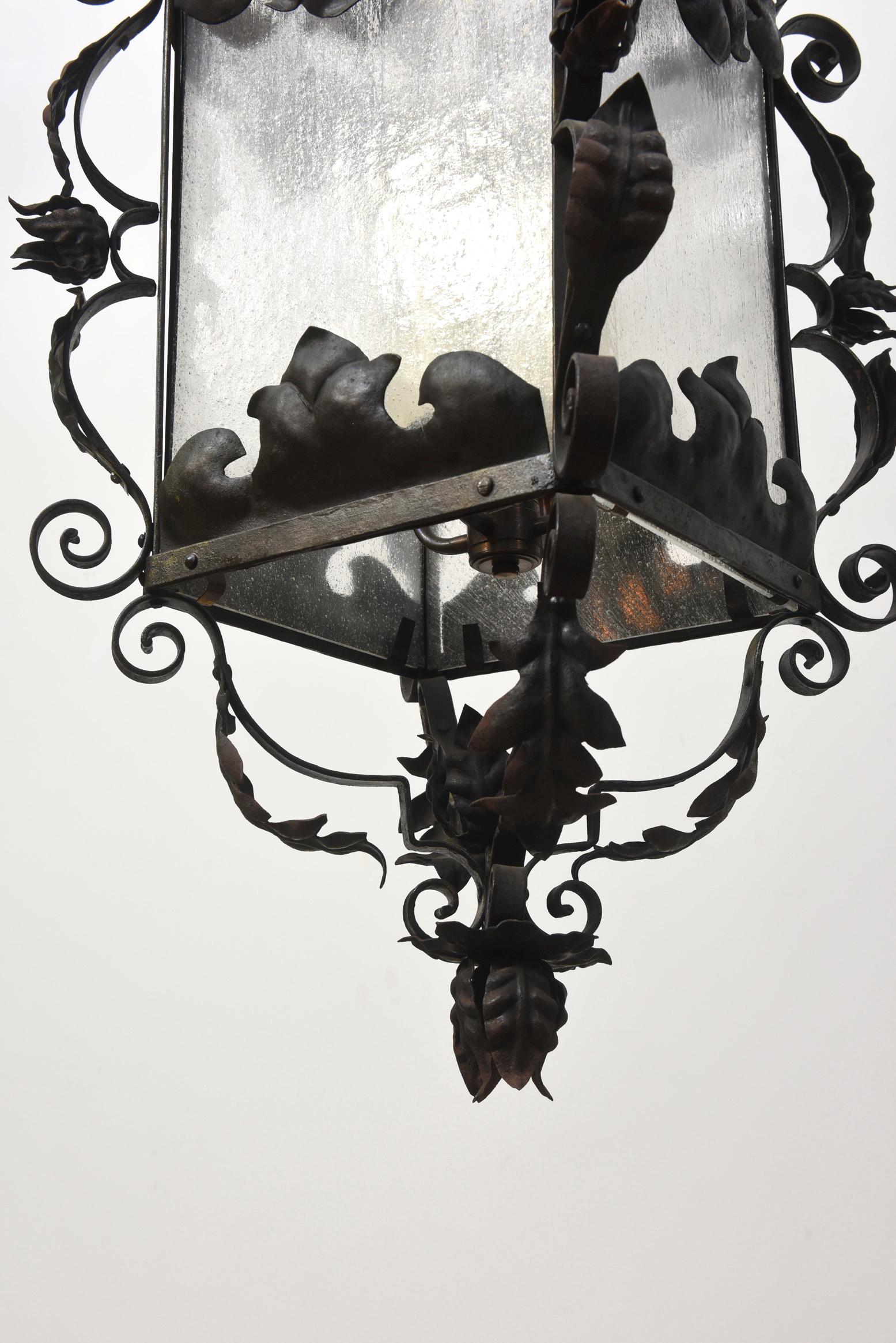 Art Glass Square Italian Wrought Iron and Glass Lantern