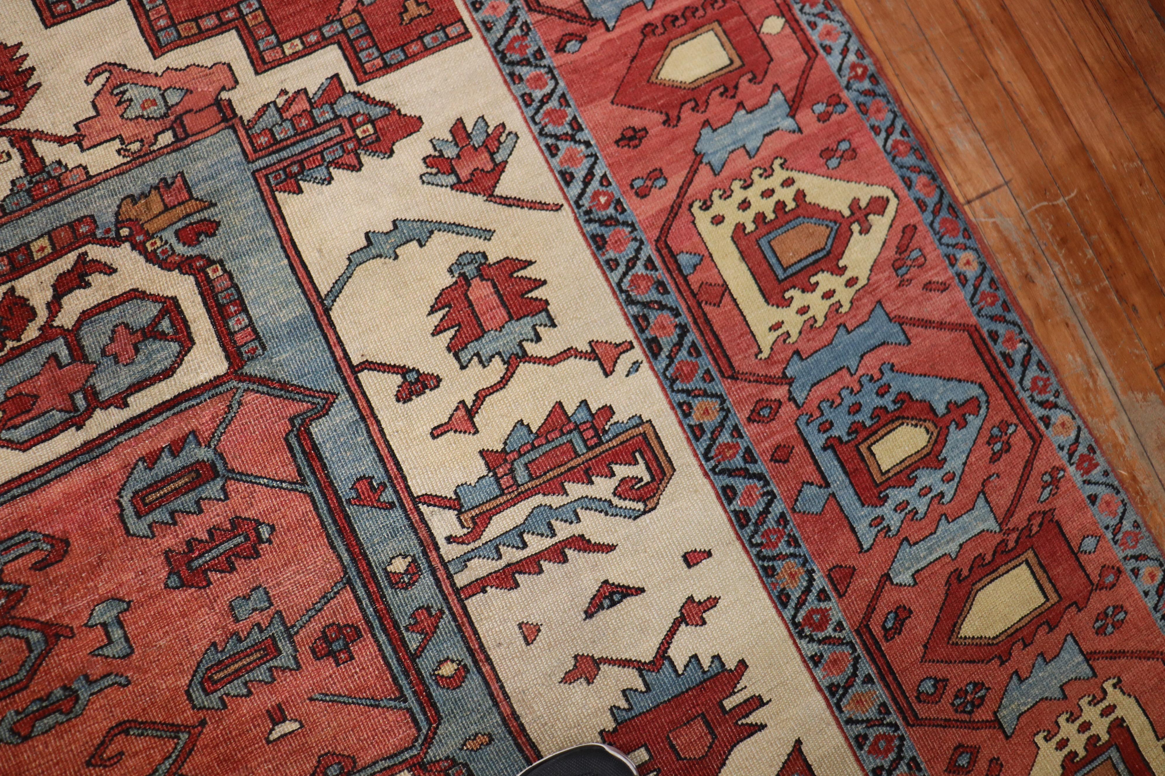 Heriz Serapi Square Ivory Pink Rust Antique Persian Serapi Carpet