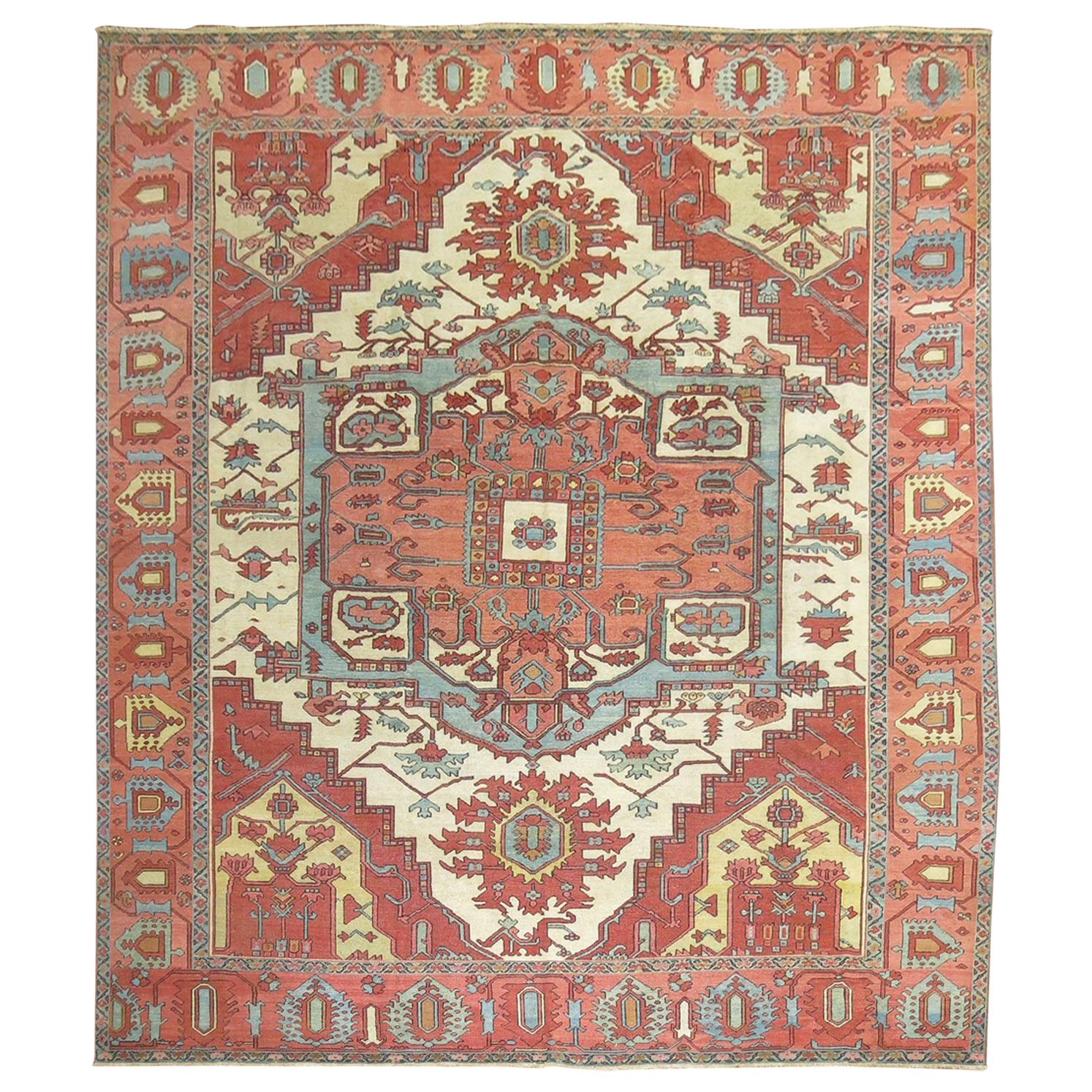 Square Ivory Pink Rust Antique Persian Serapi Carpet