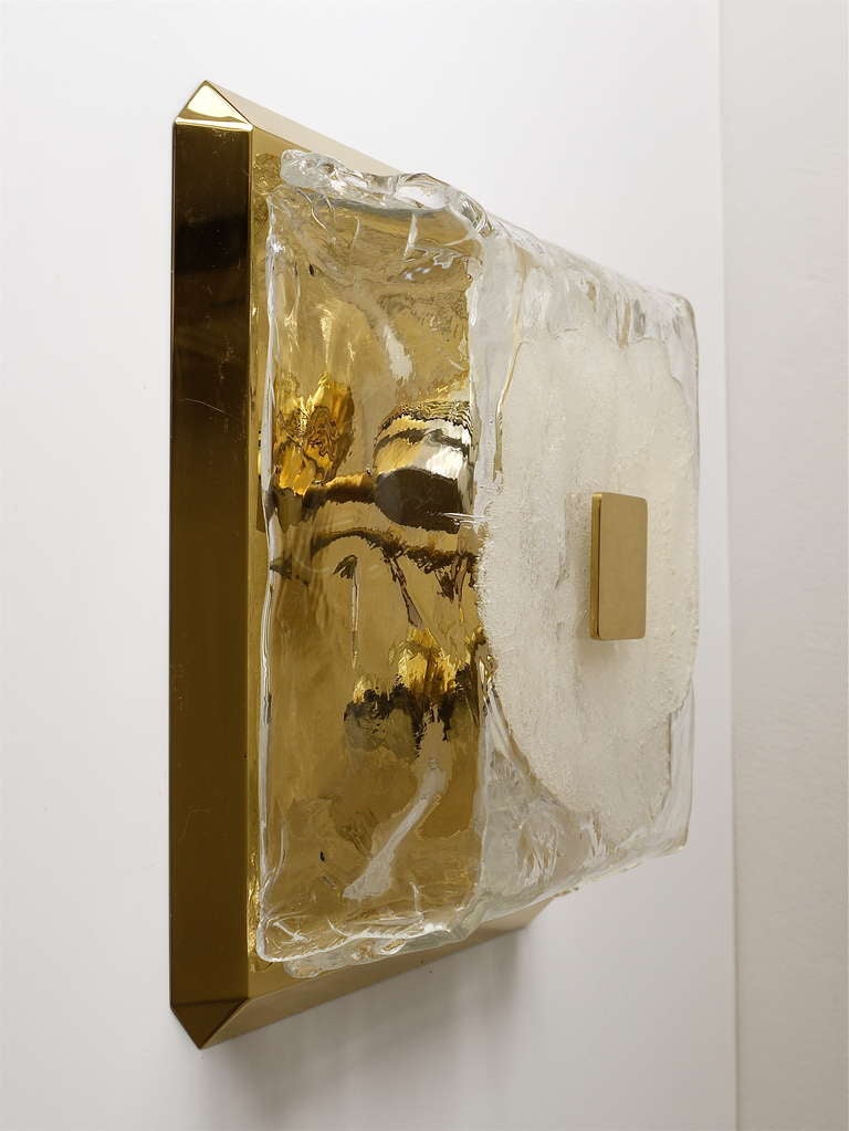 Mid-Century Modern Square Kalmar Ice Glass Melting Glass Flush Mount or Sconce, Austria, 1970s