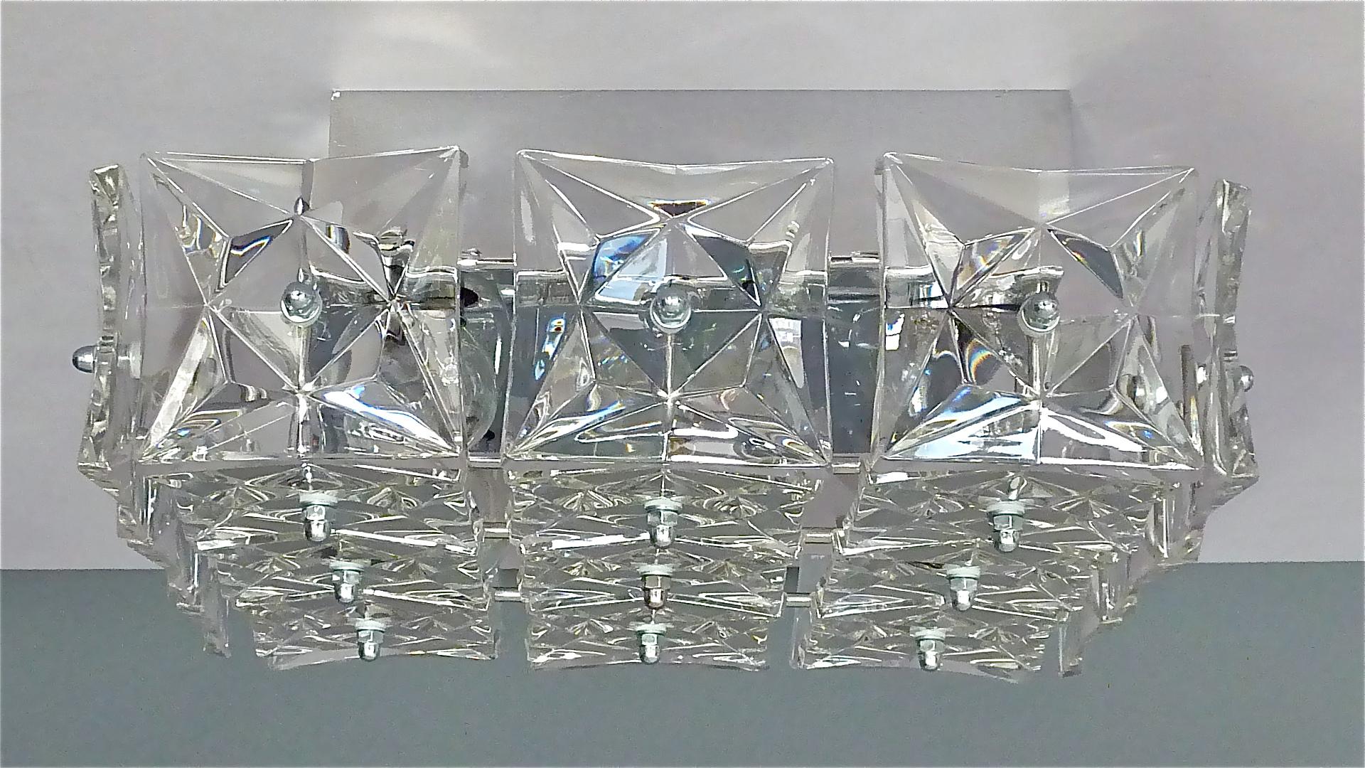 Square Kinkeldey Flush Mount Ceiling Wall Lamp Chrome Crystal Glass 1960 Germany For Sale 4
