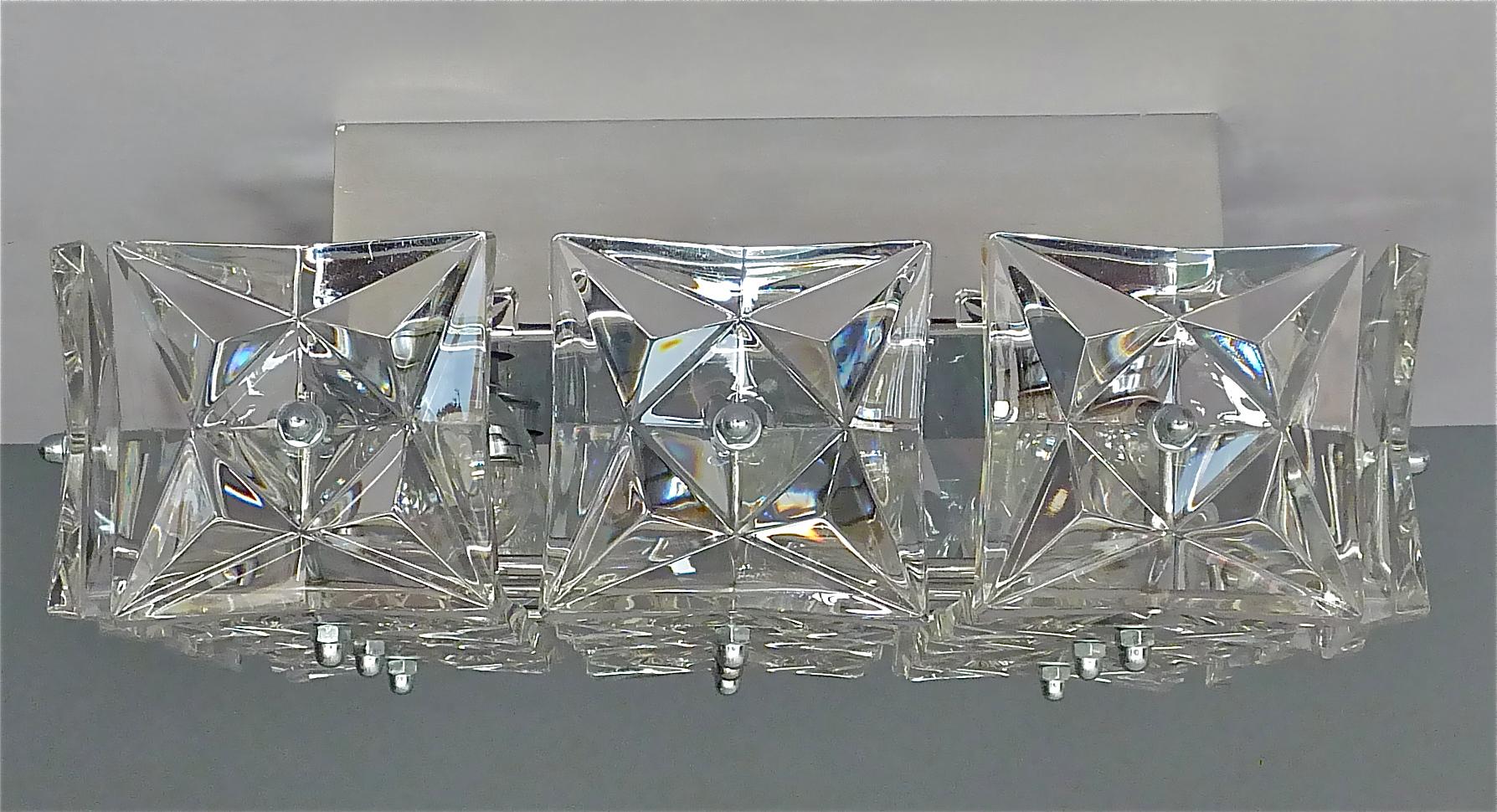 Faceted Square Kinkeldey Flush Mount Ceiling Wall Lamp Chrome Crystal Glass 1960 Germany For Sale