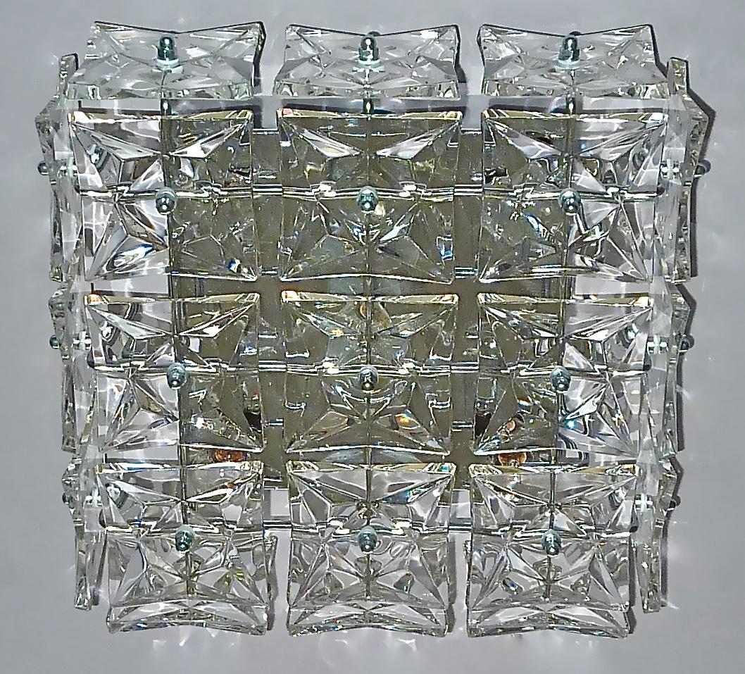 Square Kinkeldey Flush Mount Ceiling Wall Lamp Chrome Crystal Glass 1960 Germany For Sale 1