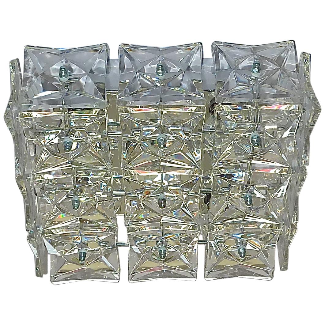 Square Kinkeldey Flush Mount Ceiling Wall Lamp Chrome Crystal Glass 1960 Germany