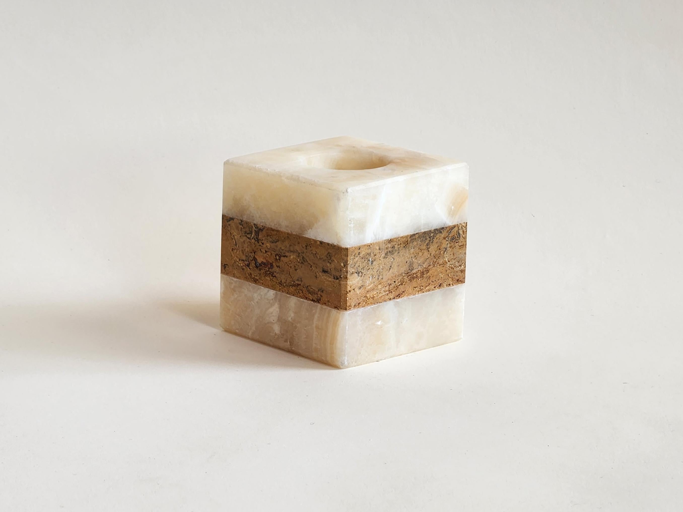 Carved Square Layered Onyx Candle Holder For Sale