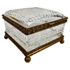 Large Square Hinged, Cut Lead Crystal Box With Brass Frame & Ball Feet