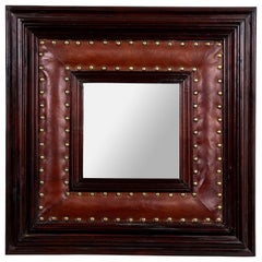 Square Leather and Wood Mirror with Brass Studs