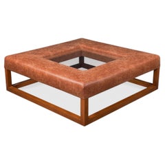 Square Leather Coffee Table with Inset Glass Center, Wood Frame
