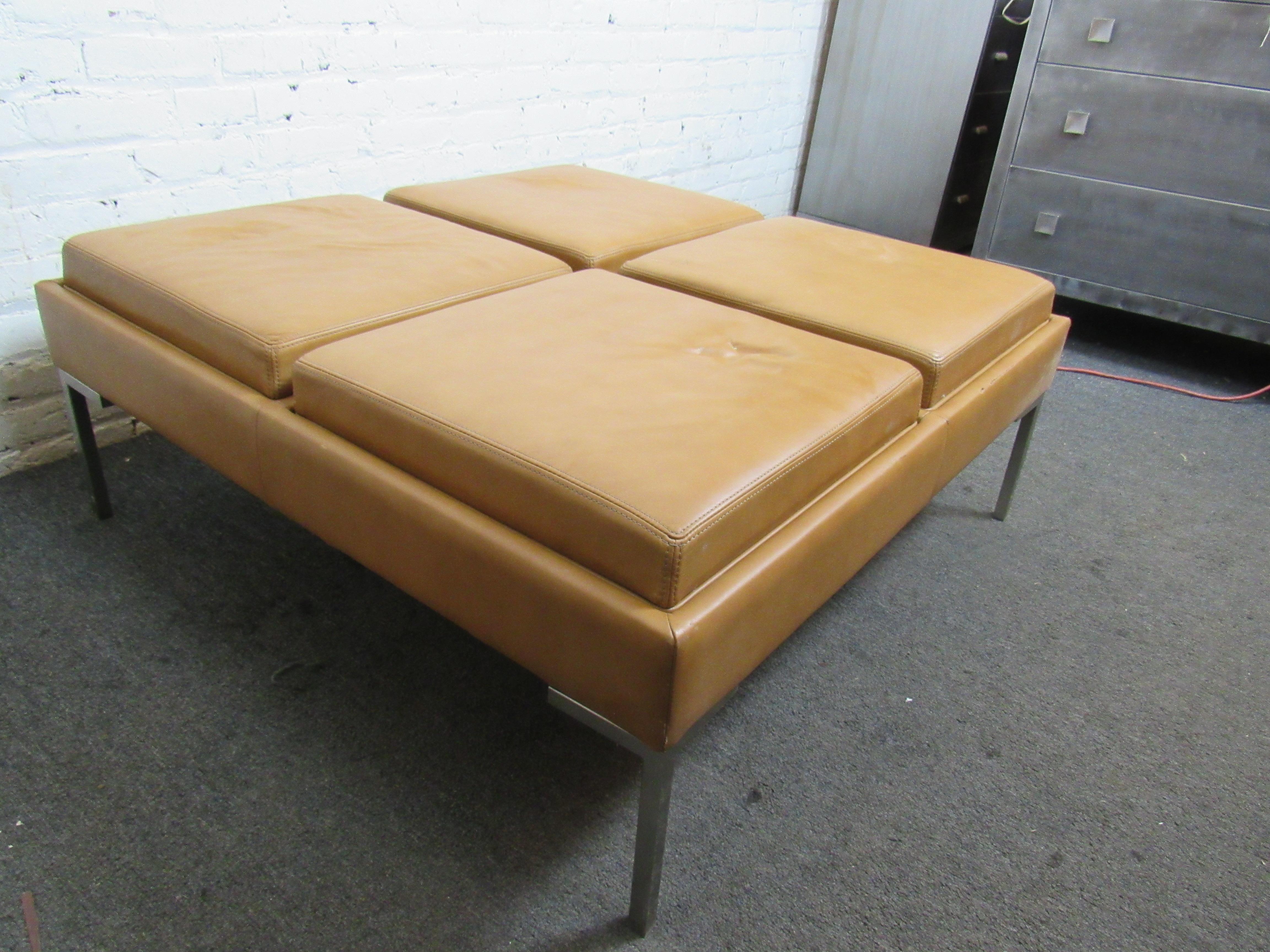 Mid-Century Modern Square Leather Ottoman with Cushion Trays 