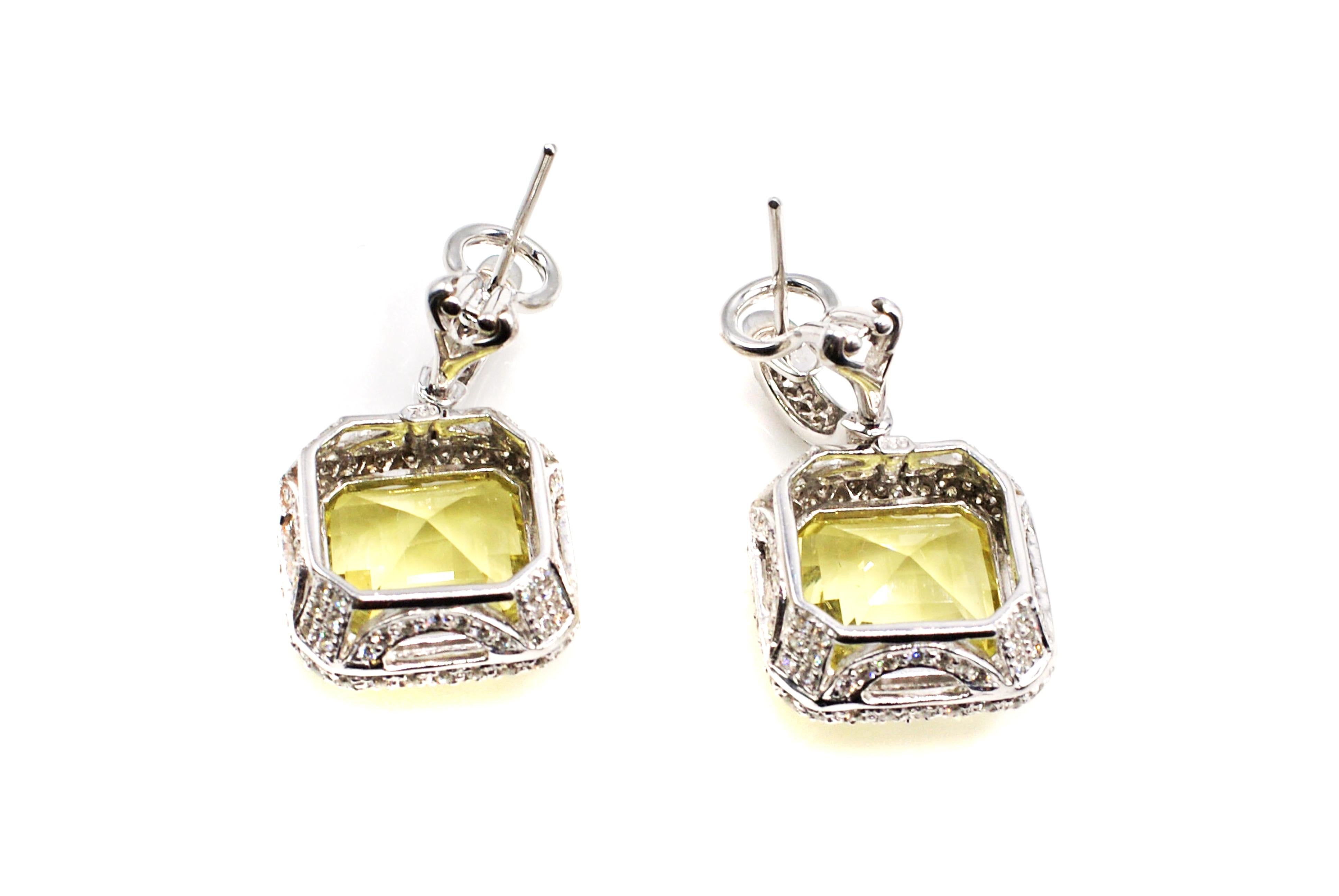 These vivid lemon citrines are perfectly matched in cut and color, measured to weigh approximately 8.5 carats each, with a total approximate weight of 17 carats.The beautiful mixed step-cut give these gemstones incredible life and fire. While the