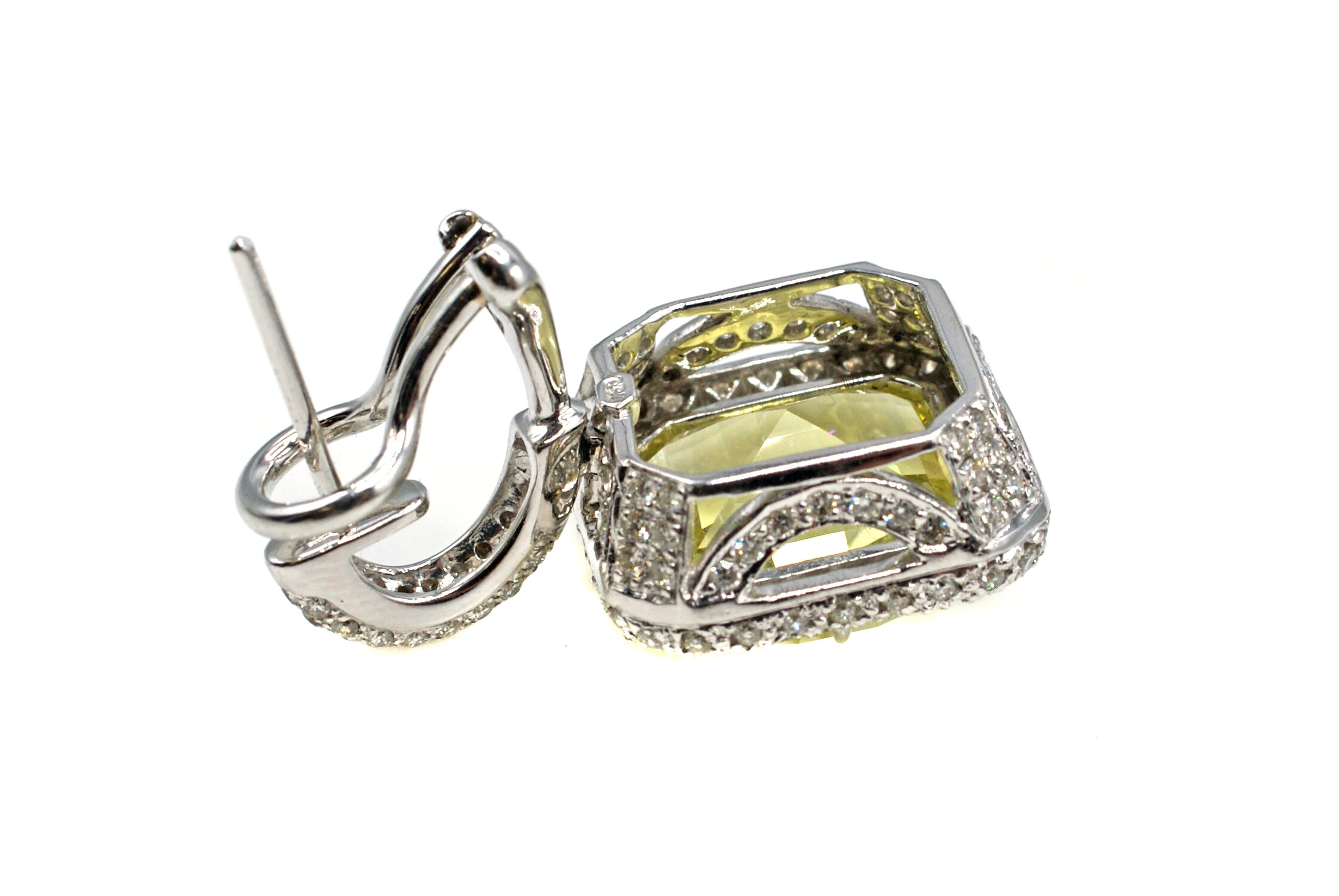 Contemporary Square Lemon Citrine Diamond 18 Karat White Gold Earrings