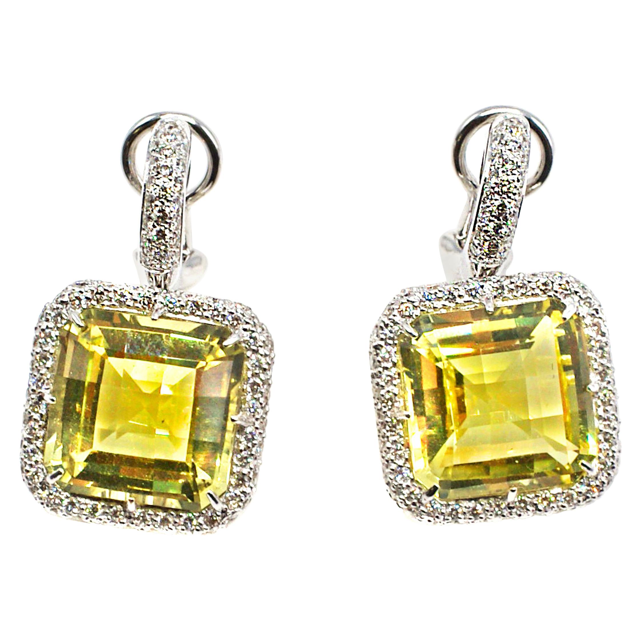 Square Lemon Citrine Diamond 18 Karat White Gold Earrings