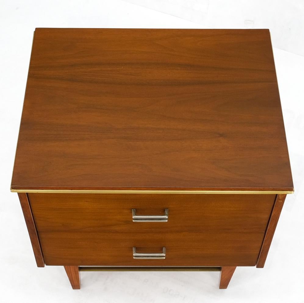 Mid-Century Modern Square Light Walnut Brass Stretchers Two Drawers Nightstand End Table For Sale