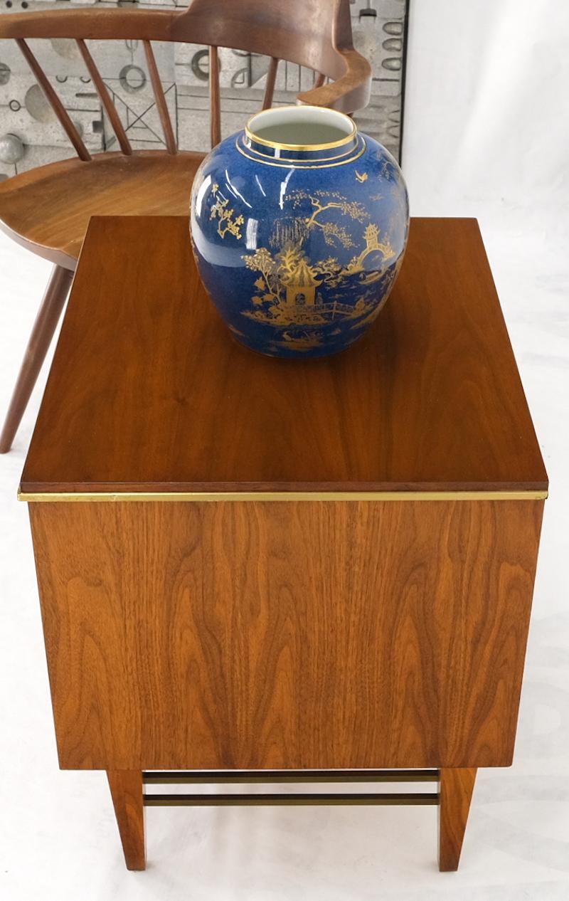 Lacquered Square Light Walnut Brass Stretchers Two Drawers Nightstand End Table For Sale