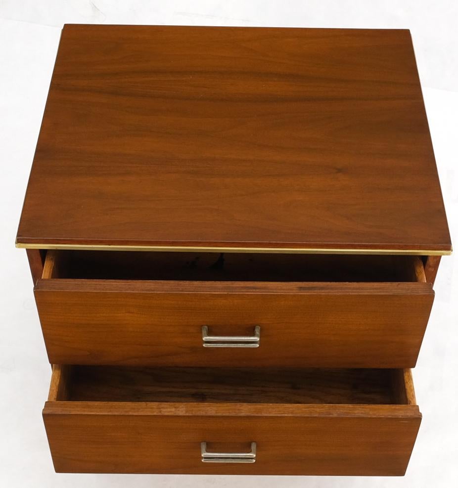 20th Century Square Light Walnut Brass Stretchers Two Drawers Nightstand End Table For Sale