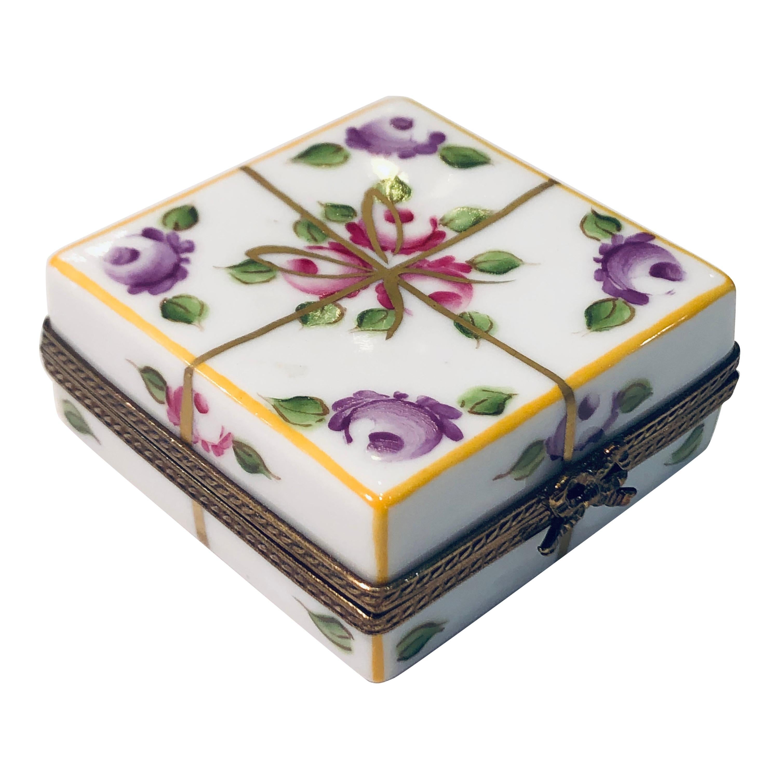 Square Limoges France Hand Painted "Gift Wrapped Present" Limited Edition Box