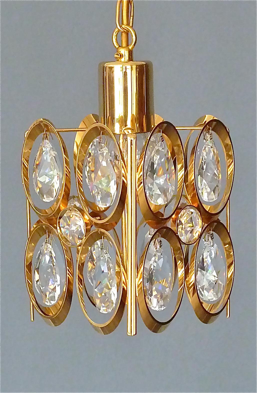 Square Lobmeyr or Palwa Pendant Lamp Gilt Brass Faceted Crystal Glass, 1960s 4