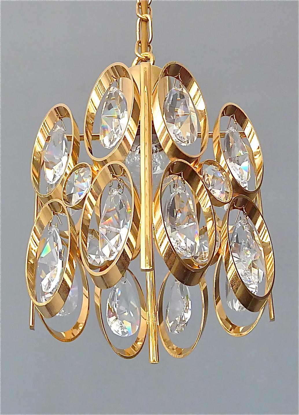 Square Lobmeyr or Palwa Pendant Lamp Gilt Brass Faceted Crystal Glass, 1960s 5