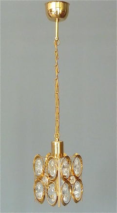 Square Lobmeyr or Palwa Pendant Lamp Gilt Brass Faceted Crystal Glass, 1960s